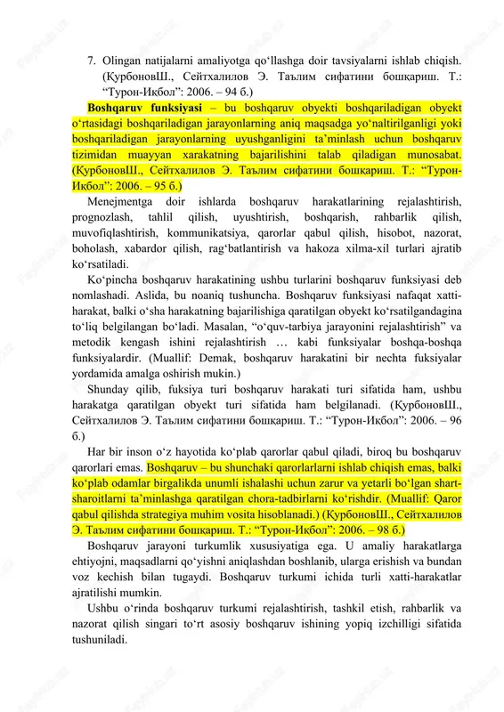 (qurbonovsh., seytxalilov e. ta'lim sifatini boshqarish. t.: “turon-iqbol”: 2006. – 91 b.) boshqaruv apparati tuzilmasi: tuzilmaning boshqaruv maqsadlariga muvofiqligini; boshqaruv tuzilmasi va birligini; funksiyalarning birlamchiligini va boshqaruv orgonining ikkilamchiligini; boshqaruv tuzilmasidan boshqaruv funksiyalarining markazlashuvi va markazlashuvdan chiqarilishi, ixtisoslashuvi va integratsiyalashuvning oqilona uyg‘unlashtirilishini; boshqaruv tuzilmasida barcha turdagi faoliyatning kompleks bog‘liqligini hisobga olgan holda shakllantiriladi. motivatsiya- bu insonni shaxsiy maqsadlarga va (yoki) tashkilot maqsadlariga erishishi uchun faoliyatga undaydigan jarayon. motivatsiyaning amalga oshirilishi uchun ehtiyojlar va taqdirlashni aniq tasavvur etish talab qilinadi. xodimlarni motivatsiyalash (undash) menejer tomonidan qo‘l ostidagi xodimlarning bilimini hisobga olgan holda amalga oshirilishi kerak. bu ehtiyojlar muayyan ierarxiyaga ega. boshqaruv jarayonida boshqaruv subyekti muayyan maqsadlarga erishish uchun boshqariladigan obyektga ta’sir ko‘rsatadi. bunda biron-bir maqsadga erishish uchun hatto ta’sir ko‘rsatish turi va xususiyati bir-biridan jiddiy farq qilishi mumkin. boshqaruvning umumiy qonuniyatlari, tamoyillari va funksiyalaridan kelib chiqqan holda ta’lim sifati va ta’lim muassasasini boshqarishga metodologik yondashuvlar vujudga keltiriladi. kishilar xatti-harakatlarida ehtiyojlar va …