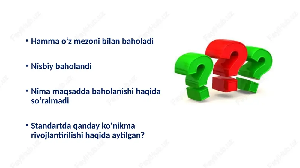 zomi bilan tanishtirish. 2. elekton jurnal (e maktab) yangi baholash tizimiga moslashtirilganligini nazorat qilish. 3. metod birlashma rahbarlaridan iborat bo‘lgan ishchi guruh shakllantirish. 4. fanlar kesimida taqvim rejalar bilan ish olib borilishi hamda taqvim reja darslik bilan mos tushmagan sinflarda qo‘shimcha adabiyot bilan ish olib borilishi nazoratga olish. 5. metodistlar va trenerlarning maktab jamoasiga metodik yordam ko‘rsatishi uchun yetarlicha shart- sharoit yaratish. tajriba-sinov maktablarida mezonlarga asoslangan baholash tizimini joriy etishda maktablar direktori va o‘ibdo‘ning vazifalari 6. bsb larning namunaviy(demo) variantlari bilan ish olib borilishi (xususan, fan o‘qituvchilari va o‘quvchilarni namunaviy topshiriqlar bilan tanishib borishini ) yo‘lga qo‘yish. 7. bob yuzasidan summativ baholash –bsb va chorak bo‘yicha summativ baholash- chsb ni adolatli va shaffof o‘tkazilishini nazorat qilish. 8. bsb va chsb larning haqiqatdan baholash markazi tomonidan taqdim etilgan baholash mezonlariga asoslangan holda tekshirilganligini qat’iy nazoratga olish. 9. metod birlashmalarda bsb ishlari uchun yig‘ma jildlarning shakllantirilgani (har bir fan va har bir …