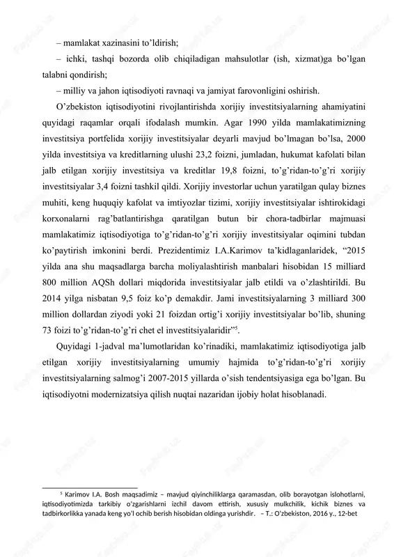 otga xorijiy investitsiyalarni jalb qilish turlari va shakllari ma’lumki, milliy iqtisodiyotga xorijiy investitsiyalarni jalb qilishning bir qancha shakllari mavjud. xorijlik investorlar o’zbekiston respublikasi hududida investitsiyalarni quyidagi yo’llar bilan amalga oshirishlari mumkin: 1. o’zbekiston respublikasining yuridik va (yoki) jismoniy shaxslari bilan birgalikda tashkil etilgan xo’jalik jamiyatlari va shirkatlarining, banklar, sug’urta tashkilotlari va boshqa korxonalarning ustav jamg’armalarida va boshqa mol-mulkida ulush qo’shib qatnashish. bunga misol qilib xiiklarni (ustav kapitalining kamida 30 foizi xorijlik investorga tegishli bo’lishi kerak) keltirish mumkin, ya’ni qo’shma korxonalar tashkil etish orqali xorijiy investitsiyalarni jalb qilish eng ommabop shakl hisoblanadi. 2. xorijlik investorlarga to’liq qarashli bo’lgan xo’jalik jamiyatlari va shirkatlarini, banklar, sug’urta tashkilotlari va boshqa korxonalarni barpo etish va rivojlantirish, ya’ni sof xorijiy investitsiyali korxonalar tashkil etish orqali xorijiy investitsiyalarni jalb qilish. bunda jami (100 %) ustav kapitali xorijlik investorga tegishli bo’ladi 3. mol-mulk, aktsiyalar va boshqa qimmatli qog’ozlarni, shu jumladan, o’zbekiston respublikasi rezidentlari tomonidan emissiya qilingan qarz majburiyatlarini …