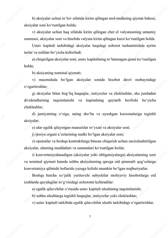 susiy kapital tarkibiga quyidagi tarkibiy birliklar kiradi: - ustav kapitali; - rezerv kapitali; - qo‘shilgan kapital; - taqsimlanmagan foyda yoki qoplanmagan zarar. buxgalteriya balansining “o‘z mablag‘lari manbalari” (“xususiy sarmoya”) bo‘limida ustav kapitali, qo‘shilgan kapital, zaxira kapitali, sotib olingan o‘z aksiyalari, taqsimlanmagan foyda (qoplanmagan zarar), maqsadli tushumlar hamda bo‘lg‘usi xarajatlar va to‘lovlar zaxiralari aks etadi. buxgalteriya balansida “o‘z sarmoyasi" va uning tarkibiy birliklari i. o‘z mablag‘lari manbalari balans satri ustav kapitali (8300) 410 qo‘shilgan kapital (8400) 420 rezerv kapitali (8500) 430 sotib olingan xususiy aksiyalar (8600) 440 taqsimlanmagan foyda (qoplanmagan zarar) (8700) 450 maqsadli tushumlar (8800) 460 kelgusi davr xarajatlari va to‘lovlari uchun zaxiralar (8900) 470 i bo‘lim bo‘yicha jami (satr 410+420+430-440+450+460+470) 480 jadval xususiy kapital to‘g‘risidagi hisobot va uning tarkibiy birliklar (“o‘zbekiston temir yo‘llari” aj) ko‘rsatkichlar nomi satr kodi ustav kapitali qo‘shilgan kapital rezerv kapitali taqsimlanmagan foyda (qoplanmagan zarar) sotib olingan xususiy aksiyalar maqsadli tushumlar va boshqalar jami 1 2 …