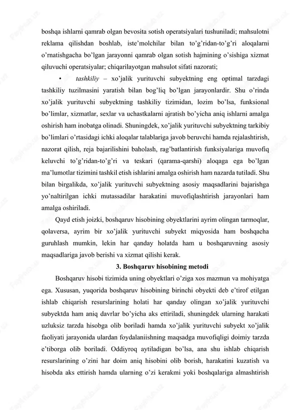 ddiyroq aytiladigan bo’lsa, ana shu ishlab chiqarish resurslarining o’zini har doim aniq hisobini olib borish, harakatini kuzatish va hisobda aks ettirish hamda ularning o’zi kerakmi yoki boshqalariga almashtirish lozimmi degan savollarga javob berib borish kerak bo’ladi. buning uchun esa, ana shu obyektlarni boshqaruv hisobida aniq bir yondashuv va usullar orqali aks ettirish kerak bo’ladi. xo’jalik yurituvchi subyekt ma’lumotlar tizimida boshqaruv hisobi obyektlarining turli xil usullar va yo’llar orqali ifoda etilishi boshqaruv hisobi metodi deb ataladi. boshqaruv hisobining metodi, boshqaruv hisobi obyektlarini xo’jalik yurituvchi subyektning yagona ma’lumotlar tizimida aks ettirish imkonini beradigan usul va uslublar yig’indisidir. ana shu usul va uslublarga buxgalteriya hisobining metodi elementlari (xujjatlashtirish, inventarizatsiya, baholash, kalkulyatsiya, buxgalteriya schyotlari, ikki yoqlama yozuv, buxgalteriya hisoboti va balans), shuningdek me’yorlashtirish, rejalashtirish, nazorat qilish, moliyaviy va iqtisodiy matematik tahlillar ham kiradi. sxematik tarzda uni quyidagicha aks ettirish mumkin: boshqaruv hisobi metodining elementlari me’yorlashtirish rejalashtirish va limitlash nazorat qiluvchi schetlarni baholash, guruhlashtirish va …