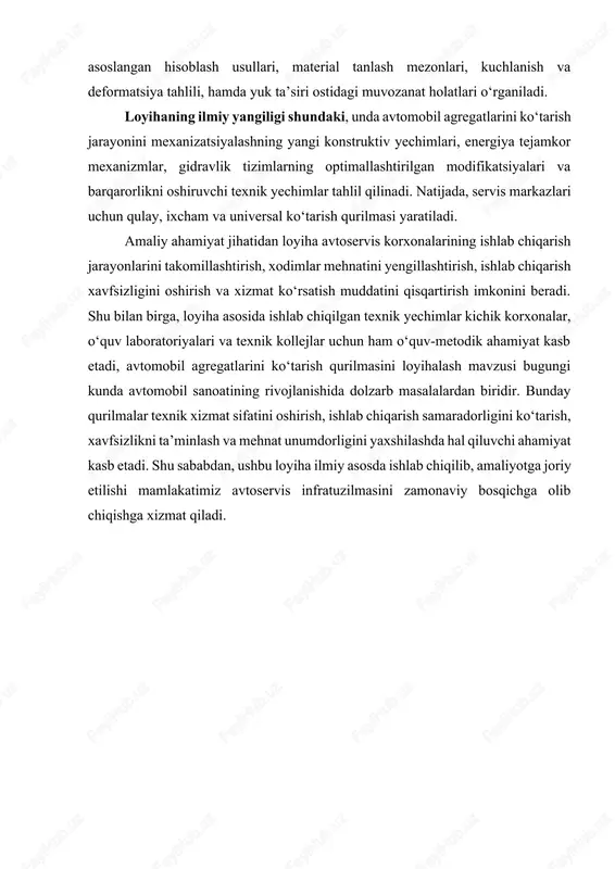 va baxtsiz hodisalar xavfini oshiradi. shuning uchun agregatlarni ko‘tarish jarayonida maxsus qurilmalar va mexanizmlar zarurdir.avtomobil agregatlarini ko‘tarish uchun qo‘llaniladigan qurilmalar o‘zining konstruktiv tuzilishi, ishlash prinsipi va yuk ko‘tarish quvvatiga ko‘ra turli turlarga bo‘linadi. eng keng tarqalganlari mexanik, gidravlik, pnevmatik va elektromexanik qurilmalardir. 2-chizma mexanik ko‘tarish qurilmalari oddiy tuzilishga ega bo‘lib, asosan tishli mexanizmlar, vintli uzatmalar yoki tutqichli lever tizimlari orqali harakatni amalga oshiradi. ularning afzalligi – tuzilish soddaligi, arzonligi va texnik xizmat ko‘rsatish qulayligidir. biroq bunday qurilmalar yuk ko‘tarish quvvatiga cheklangan bo‘lib, inson kuchiga qisman bog‘liqdir. gidravlik qurilmalar esa suyuqlik bosimi asosida ishlaydi. ularning asosiy elementi gidrotsilindr bo‘lib, bosim ostida harakatlanadigan suyuqlik pistonni yuqoriga itaradi va natijada yuk ko‘tariladi. gidravlik tizimlar yumshoq harakat, aniq boshqaruv va katta yuk ko‘tarish imkoniyatini beradi. ular servis markazlarida eng ko‘p qo‘llaniladigan tizimlardan biridir. 3-chizma pnevmatik qurilmalar siqilgan havo energiyasidan foydalanadi. bunday tizimlarda havo bosimi pistonlar orqali harakatni hosil qiladi. pnevmatik tizimlar engil, tozalik talab …