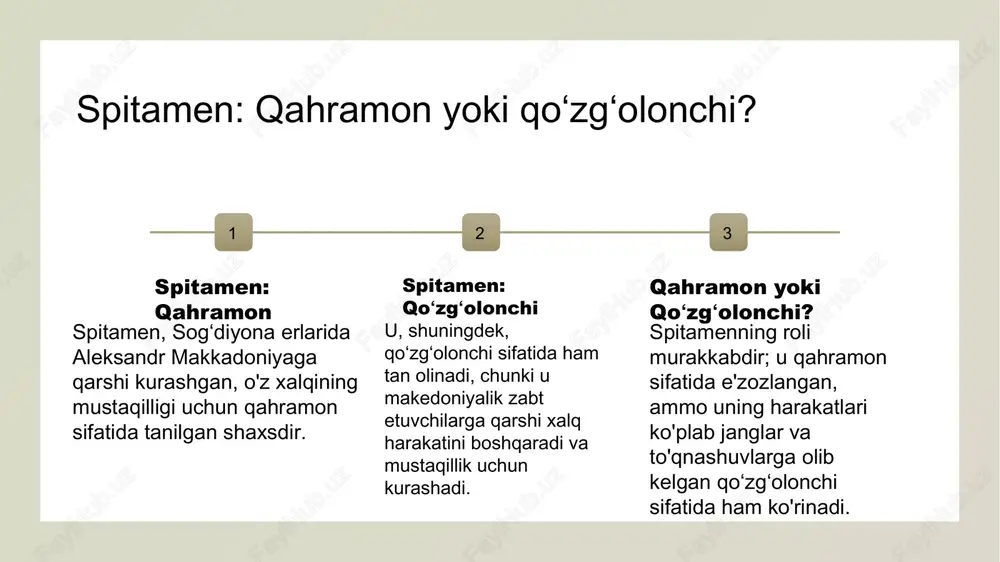 hlar, balki mahalliy madaniyat va urf-odatlar rivojiga ham ta'sir ko'rsatdi. tarixiy meros mustaqillik uchun kurash sogʻdiyadagi tarixiy merosni mustahkamladi, xalqning birlik va mustaqil fikrini shakllantirishda muhim rol o'ynadi. madaniy aloqalar janglar davomida sogʻdiyonada sharq va gʻarb madaniyatlari o'rtasida aloqalar kuchayib, o'zaro ta'sir va bilim almashish jarayoni rivojlandi. spitamen va uning jangchilarining motivatsiyasi: mustaqil sogʻdiyaga intilish. spitamenning maqsadi spitamen, sogʻdiyonaning mustaqilligi uchun kurashayotgan xalqni birlashtirib, erkinlik va mustaqillikni ta'minlash maqsadida harakat qildi. jangchilarning ishonchi spitamenning jangchilari o'z yerlariga, an'analarga va mustaqil kelajaklariga bo'lgan ishonch bilan jang qilishdi, bu ularning motivatsiyasini kuchaytirdi. tarixiy kontekst sogʻdiyona hududida o'zaro kuchlar to'qnashuvi, mahalliy xalqlarning o'z mustaqilliklarini saqlab qolish istagi bilan spitamen qoʻzgʻoloniga sabab bo'ldi. sogʻdiyadagi mustaqillik janglarining zamonaviy ta'siri: tarixdan saboq. zamonaviy meros ijtimoiy birlik tarixiy saboqlar sogʻdiyadagi mustaqillik janglari bugungi kunda oʻzbekistonning milliy gʻurur va ozodlik kurashi uchun muhim tarixiy meros hisoblanadi. ushbu janglar mahalliy aholi orasida ijtimoiy birlashuvni kuchaytirib, xalqlar o'rtasida mustaqillik va …