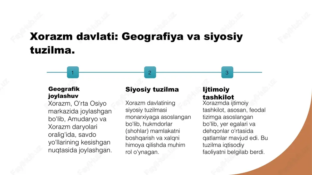 r va an'analar xorazmning folklor merosi, xalq og'zaki ijodining ko'plab namunalari bilan boyitilgan. bu, o'zbek madaniyatining asosiy qismi hisoblanadi. san'at va adabiyot xorazmda rivojlangan san'at va adabiyot, o'zbek she'riyati va tasviriy san'atida o'ziga xos iz qoldirgan. bu, o'zbek xalqi uchun g'urur manbaidir. ilm-fan yutuqlari xorazm olimlari, qadimgi davrlarda ilm-fan sohasida bir qator yutuqlarga erishgan. ular, o'zbek ilmiy merosining poydevorini tashkil etadi. xorazm merosining xalqaro aloqalar va savdodagi o'rni. xorazm va savdo madaniy aloqalar xorazmning ta'siri xorazm davlati antik davrlarda savdo yo'llarining kesishgan nuqtasida joylashgan bo'lib, uni xalqaro savdoda muhim rol o'ynadi. xorazm, ipak yo'li orqali boshqa tsivilizatsiyalar bilan madaniy aloqalar o'rnatdi, bu esa san'at va ilm-fan taraqqiyotiga ta'sir ko'rsatdi. xorazm merosi, xalqaro savdo va aloqalar orqali, mintaqada iqtisodiy va madaniy taraqqiyotga xizmat qilgan, o'zbek xalqi tarixida muhim o'rin tutadi. xorazm merosi: qadimgi bilimlarning zamonaviy tadqiqotlari. 1 qadimgi bilimlar xorazmning qadimgi ilmiy merosi matematikadan astronomiyagacha bo'lgan turli sohalarni qamrab oladi, ko'plab …