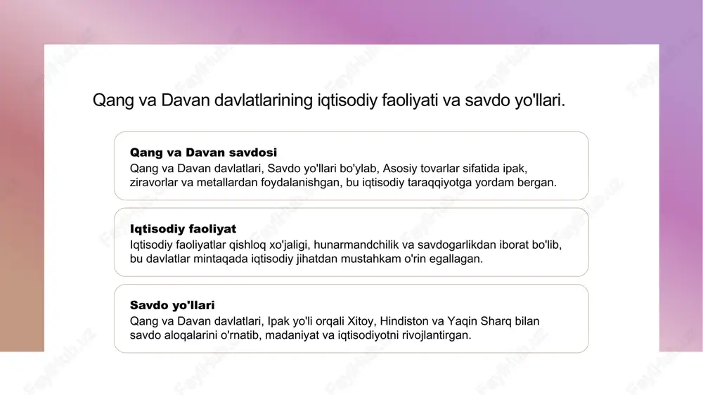 davlatlari o'zaro iqtisodiy aloqalarda muhim rol o'ynab, savdo va qishloq xo'jaligi faoliyatlarini rivojlantirgan. 2 savdo yo'llari ikkala davlat o'rtasida savdo yo'llari o'zaro bog'langan bo'lib, xitoydan o'rta osiyoga o'tuvchi karvonlar muhim ahamiyatga ega edi. 3 iqtisodiy ta'sir qang va davan davlatlarining iqtisodiy aloqalari o'zaro madaniyat va texnologiyalarning almashinuvi orqali regional taraqqiyotga yordam berdi. o'rta osiyoda tilda va adabiyotda madaniy meros. o'rta osiyo tillari o'rta osiyo tillari, turkiy, fors, va arab tillaridan iborat bo'lib, mintaqadagi madaniy merosning asosiy qismlarini tashkil etadi. adabiyot merosi o'rta osiyo adabiyoti, buyuk shoirlar va yozuvchilar, masalan, alisher navoiy va jaloliddin rumi, asarlari orqali jahonga tanilgan. madaniy almashuv o'rta osiyoda madaniy almashuvlar, savdo va migratsiyalar orqali, turli xalqlar va madaniyatlar o'rtasida boy tajribalar va an'analar yaratgan. zamonaviy ta'sir bugungi kunda, o'rta osiyo madaniy merosi, zamonaviy san'at va adabiyotda, an'anaviy elementlarni saqlab qolish bilan birga, yangiliklar kiritmoqda. o'rta osiyo madaniyatining zamonaviy kontekstdagi roli. 1 o'rta osiyo madaniyati o'rta osiyo …