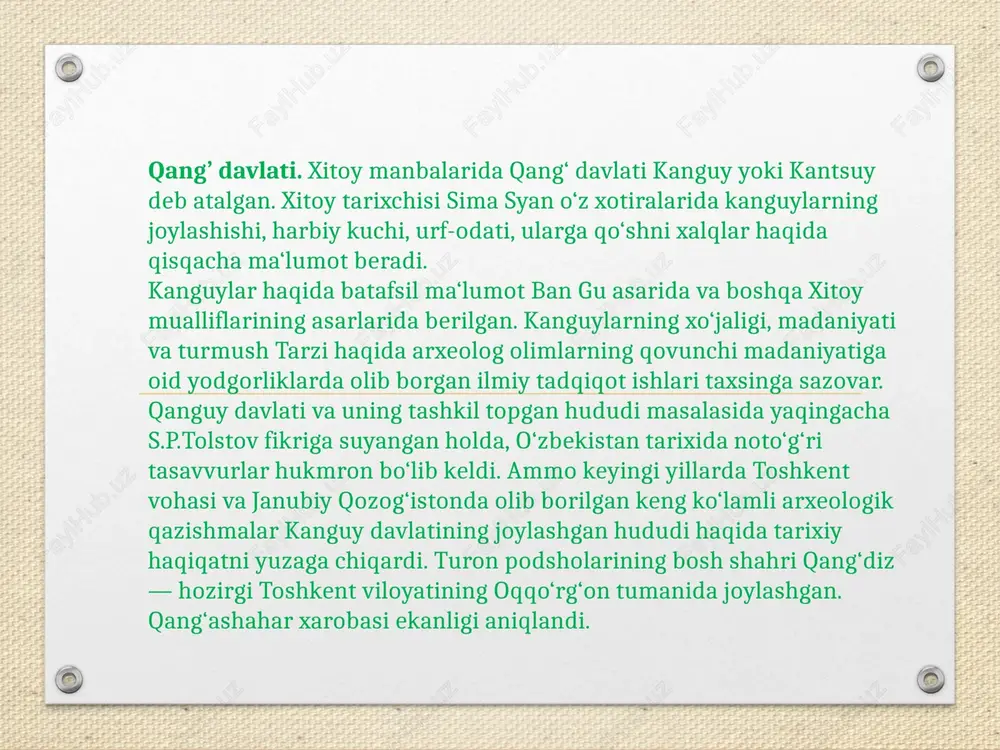 d etish hisoblangan mil. avv. 206-yilda sin sulolasiga qarshi dehqonlar qo'zg'oloni alangalanib ketdi. qo’zg’olonga lyu bandegan kishi boshchilik qilgan edi. qo'zg'olonchilar poytaxtni egallab oldilar. imperiya vayronalarida xon sulolasi boshchiligida yangi davlat barpo etildi. xon sulolasi davlati imperator u di hukmronligi davrida (mil. avv. 140-87-yillar) eng qudratli davlatga aylangan, mil. 220-yilga qadar mavjud bo'lgan edi. sharqdagi boshqa davlatlardagi kabi xitoyda ham mavjud yerlar hukmdorniki hisoblanar, aholi natural soliqlar to'lar, turli mehnat majburiyatlarini bajarar edi . qadimgi xitoy yozuvi. qadimgi xitoy ko`hna mis va mesopotamiya singari o`z yozuvi va adabiyotiga ega bo`lgan. qadimgi xitoyliklar hozirgi kunimizdan 3,5–4 ming yil ilgari o`zlarining yozuvlarini yaratganlar. ularning yozuvi ham misrliklarniki singari rasm-belgilardan – iyerogliflardan iborat bo`lgan. har bir iyeroglif – belgi butun bir so`zni ifoda etgan. bir kichik shoxcha belgisi «daraxt», ikkitasi «o`rmon», uchtasi esa «chakalakzor» kabi ma`nolarni bildirgan. xitoyda dastlabki yozuv miloddan avvalgi ii mingyillikda kashf etilgan. bu shan-in davlati davriga to`g`ri kelgan. o`shanda …