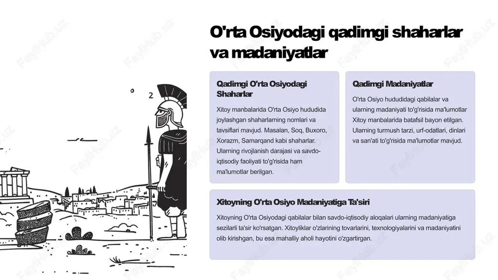 shgan va o'z navbatida xitoydan ham elchilar kelgan. diplomatik munosabatlar davomida savdo shartnomalari imzolangan va madaniy almashinuv kuzatilgan. ba'zi hollarda, o'rta osiyo va xitoy o'zaro manfaatli siyosiy ittifoqlarni ham tuzgan. 13 xitoy manbalarida o'rta osiyo xalqlarining etnik xususiyatlari xitoy manbalarida o'rta osiyo xalqlarining etnik xususiyatlari haqida turli ma'lumotlar berilgan. xitoylik yozuvchilar o'rta osiyo aholisining tashqi ko'rinishi, tili, diniy e'tiqodlari, urf-odatlari va madaniyatlari haqida o'z kuzatuvlarini yozib qoldirganlar. xitoylik manbalarda o'rta osiyo xalqlari ko'p millatli va ko'p madaniyatli ekanligi ta'kidlangan. ular turli qabilalar, xalqlar va madaniyatlarning bir-biri bilan o'zaro ta'sirini qayd etishgan. xitoylik manbalarda o'rta osiyo xalqlarining boy tarixiy va madaniy merosi haqida ma'lumotlar mavjud. bu manbalar o'rta osiyo xalqlarining san'ati, arxitekturasi, hunarmandchiligi, diniy e'tiqodlari va ijtimoiy hayotining ba'zi jihatlarini yoritib beradi. 14 o'rta osiyodagi qadimgi shaharlar va arxitektura obidalari o'rta osiyo qadimgi davrlarda rivojlangan madaniyat markazlariga boy bo'lgan. bu hududda ko'plab qadimgi shaharlar va arxitektura obidalari saqlanib qolgan. ularning aksariyati …