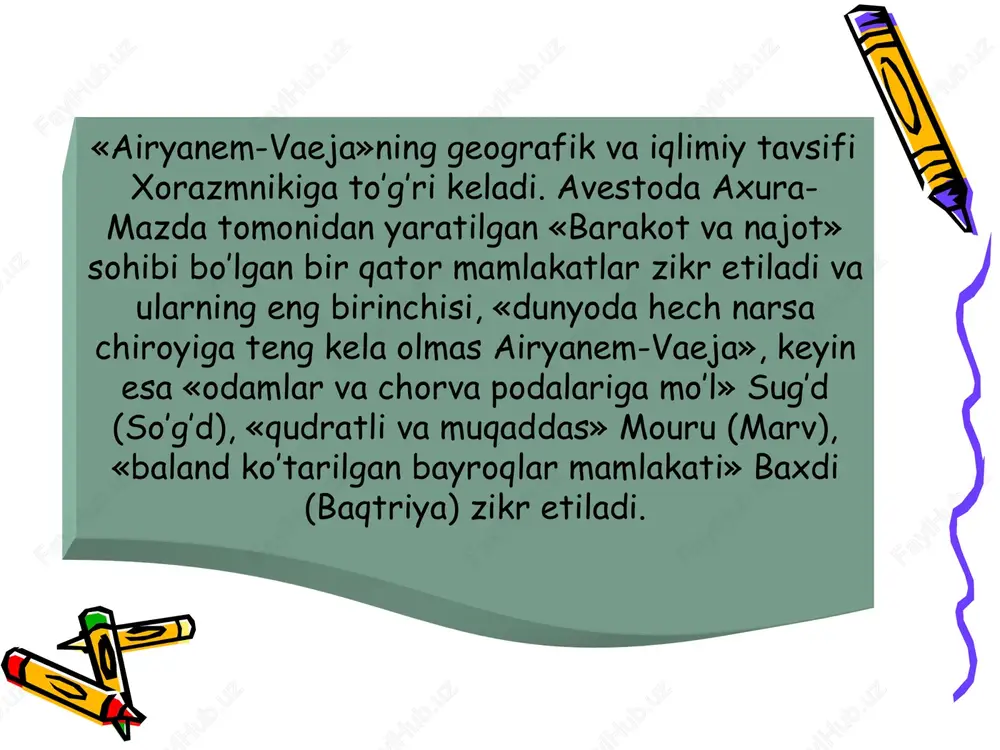 g mukammali hisoblanadi. u yigirma ikki bob bo’lib, boblari fragard deb nomlangan. fragardlarning ma’nosi, vazifasi, uslubiy tuzilishi turlicha: birinchi fragard – odamlar yashaydigan barcha yurtlarni axura-mazda qanday yaratgani to’g’risida bo’lib, ular orasida xorazm, so’g’d, marg’iyona, baxdi (balx) va boshqalar bor; ikkinchi fragardda jamshid podsholigi – kasallik, o’lim, azob-uqubatlar bo’lmagan zamon haqida, ya’ni insoniyatning oltin asri haqida gap boradi; uchinchi fragard dehqonchilikning savobli sharofatlari va h.k. haqida. shuningdek, videvdatning boshqa fragardlaridan zardusht bilan axura-mazdaning savol-javoblari va muloqotlari ham o’rin olgan. avestoning bizgacha yetib kelmagan kitoblaridan ba’zi qismlari uning yig’ma parchalar to’plami kichik avesto yoki «xo’rdak avesto» kitobida jamlangan. avesto haqida eng muhim manba ix asrga oid «dinkard» (din amallari) asaridir. unda avestoning 21 kitobi to’la ta’riflab berilgan. bu ta’riflar savobli ishlar yo’riqnomasi, diniy marosimlar va rasm-rusumlar qoidasi; zardushtiylik ta’limoti asoslari; dunyoning axura-mazda tomonidan yaratilishi; oxirat kuni va undagi hisob-kitob; falakiyot; ijtimoiy-huquqiy qonun- qoidalar; zardushtning tug’ilishi va bolaligi; haq yo’lini tutish; jamiyat …