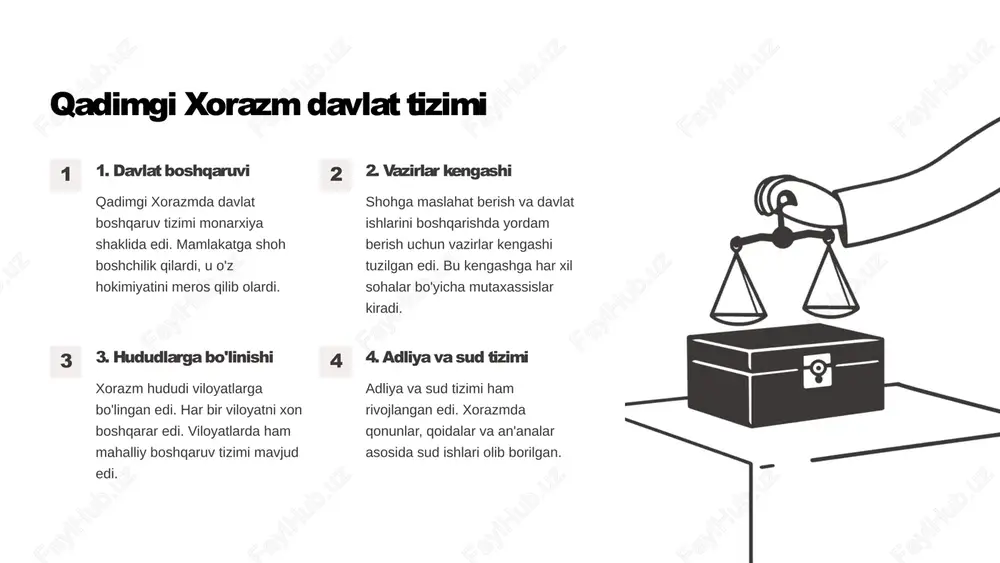 sh, hujumlarni qaytarish va ta'sir doirasini kengaytirishga qaratilgan edi. xorazmning kuchli armiyasi va o'ziga xos harbiy texnologiyalari unga mintaqada kuchli mavqe egallab, boshqa davlatlarga ta'sir ko'rsatish imkonini bergan. xorazmning qo'shni davlatlar bilan bo'lgan urushlari mintaqaning siyosiy xaritasini o'zgartirgan. 13 xorazmshohlar hukmdorlari afsonaviy hukmdorlar qadimgi xorazm tarixida ko'plab afsonaviy hukmdorlar haqida hikoyalar mavjud. bu hukmdorlar xalq tomonidan ijobiy obraz sifatida eslab qolingan. ularning hukmronligi davrida mamlakatning gullab-yashnashi va taraqqiyoti haqida afsonalar tarqalgan. tarixiy shaxslar o'zbekiston hududida ilk davlatlarning vujudga kelishida muhim rol o'ynagan tarixiy shaxslarni aniqlash qiyin. qadimgi tarix manbalari kam sonli va ishonchli ma'lumotlarga ega emas. shunga qaramay, bir qancha hukmdorlarning ismlari tarixga yozilgan. hukmdorlar ro'yxati xorazmshohlar davrida hukmdorlarning ro'yxati aniqlanmagan. tarixchilar asosan taxtda hukmronlik qilgan sulolalarning nomlarini bilishadi. hukmdorlarning ismlari ko'pincha afsonaviy rivoyatlarga asoslangan. 14 xorazmshohlar sulolasi ajdodlar xorazmshohlar sulolasining kelib chiqishi afsonalar va tarixiy manbalar bilan bog'liq. sulola asoschisi anushtegin gharchai (1077-1127) o'z davrida kuchli hukmdor sifatida tanilgan. …