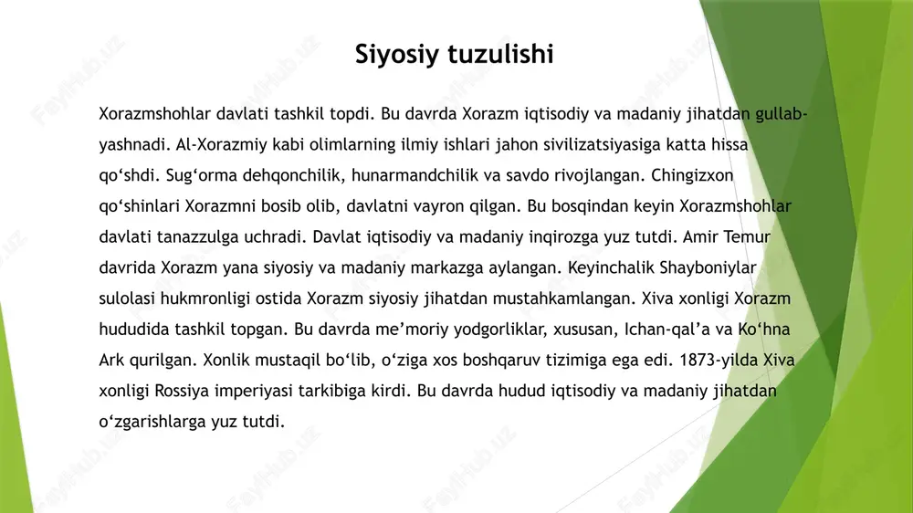 t mudofaa inshootlari, balki ma’muriy va diniy markazlar sifatida ham xizmat qilgan. qal’alardagi devorlar naqshlar va rasmlar bilan bezatilgan bo‘lib, ular xorazm san’atining rivojlanganligini ko‘rsatadi. ma’badlar va diniy inshootlar - zardushtiylik ta’sirida qurilgan ma’badlar muqaddas marosimlar o‘tkaziladigan joy sifatida xizmat qilgan. ushbu inshootlarda olovga sig‘inish uchun maxsus o‘choqlar mavjud bo‘lgan. arxeologik qazishmalarda topilgan qoldiqlar diniy marosimlar va san’atning bir-biriga uyg‘unligini ko‘rsatadi. shaharsozlik san’ati - qadimgi xorazmda shaharlar rejalashtirilgan holda barpo etilgan. shaharlarning markazida ma’muriy inshootlar, bozorlar va diniy markazlar joylashgan. ichki devorlar va darvozalar bilan himoyalangan shaharlar xorazmda rivojlangan mudofaa tizimi mavjud bo‘lganidan dalolat beradi. memoriy yodgorliklari qadimgi ta’lim tizimi ilmiy markazlar - xorazmda ta’lim va ilmiy faoliyat diniy markazlar bilan chambarchas bog‘liq bo‘lgan. ma’badlarda nafaqat diniy, balki astronomiya, matematika va boshqa fanlar o‘rgatilgan. zardushtiylik ta’sirida yozuv, hisob-kitob va tarixni o‘rganish an’anaga aylangan. ta’lim jarayoni - ta’lim asosan yozuvni o‘rgatish, hisoblash va diniy bilimlarni yetkazishga qaratilgan. yoshlar ma’bad va ilmiy …