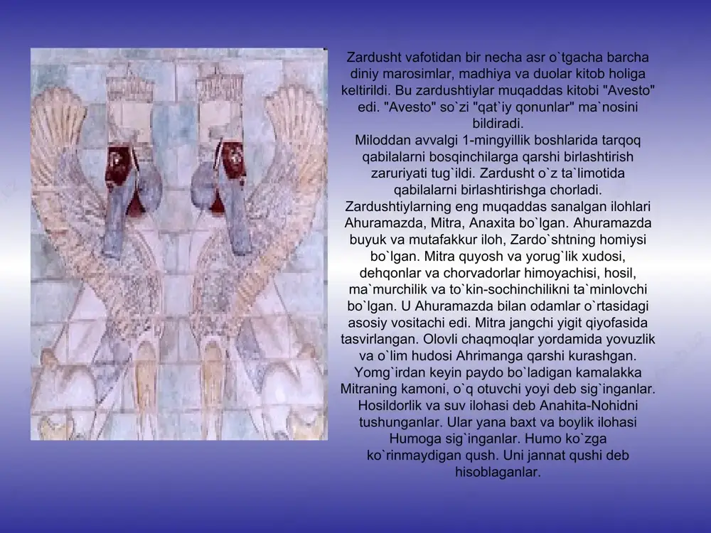 o’z’ deb nishonlash rasm bo’lgan. * yaralishning ikkinchi bosqichi ‘yozning o’rtasi’ degan ma’noni bildiradi. madyusham bosqichi yilning 101-kunidan 105-kunigacha besh kun davom etgan. bu bosqichda axura mazda suvni yaratgan. olamda suvning vujudga kelish jarayoni hozirgi taqvimda iyun oyining 29 va iyulning uchinchi kunlariga to’g’ri keladi. suv bilan bog’liq ishonch etiqodlar mana shu jarayonda shakllangan. yaralishning ikkinchi bosqichi * moddiy olam yaratilishining uch gahanbori bo’lib, uning manosi ‘g’alla yig’ish’ demakdir. yaralishning bu jarayoni yilning 176-kunidan 180-kunigacha 5-kun davom etgan. patyaxshimda axura mazda yerni yaratgan. patyaxshim * moddiy olam yaralishining to’rtinchi gahanbori ‘ayosrim’ deb nomlanib, uning manosi ‘uyga qaytish’ demakdir. yaralishning bu bosqichida chorva suvurlari yozgi o’tlovda uyga qaytganlar.’avesto’da bu gahanbor ‘ayosrima’ shaklida ham uchraydi. ‘ayosrima’da axura mazda o’simliklar dunyosini yaratgan. * olamning vujudga kelishida beshinchi gahanbor bo’lib, uning manosi ‘yilning o’rtasi ‘ demakdir midyorim yilning 290-kunidan 294-kunigacha 5 kun davomida yoz bergan. bu jarayonda axura mazda hayvonot dunyosini yaratgan va uni …