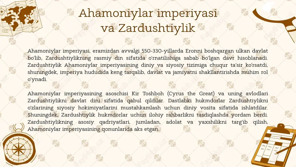 mga bo‘lingan bo‘lib, "yaxshi fikr, yaxshi so‘z, yaxshi amal" tamoyillarini bildiradi. zardushtiylarning ibodat joylari otashxonalar bo‘lib, bu yerda muqaddas olov doimiy ravishda yonib turadi. olov, poklik va ilohiy qudratni ifodalaydi, shuningdek, ibodat va marosimlarning markaziy elementi hisoblanadi. zardushtiylikda ibodat joylari nafaqat diniy faoliyatlar, balki jamiyatning birlashuv joyi hamdir. zardushtiylikning jamiyatga ta’siri zardushtiylikning asosiy g‘oyalari — yaxshilik, rostgo‘ylik va poklikni targ‘ib qilish, jamiyatda yuqori axloqiy me’yorlarni o‘rnatishga yordam berdi. bu tamoyillar odamlarni to‘g‘ri yo‘lni tanlashga va halol hayot kechirishga undadi. ularning bu qadriyatlarini jamiyatdagi barcha qatlamlarga, shu jumladan, hukmdorlar, savdogarlar va dehqonlarga ta’siri katta bo‘lgan zardushtiylik erondagi ijtimoiy hayotga katta ta’sir ko‘rsatdi. bu din axloqiy qadriyatlarni rivojlantirish, inson huquqlarini himoya qilish va ijtimoiy tenglikni targ‘ib qildi. shuningdek, zardushtiylikning ta’limotlari boshqa dinlar, masalan, yahudiylik, xristianlik va islomga ham sezilarli ta’sir ko‘rsatdi. hozirgi zamonda zardushtiylik dinining tarqalishi va ta’siri kichik bo‘lsa-da, uning qadimiy g‘oyalari va falsafasi hali ham mavjud. zardushtiylik dinining asosi — …