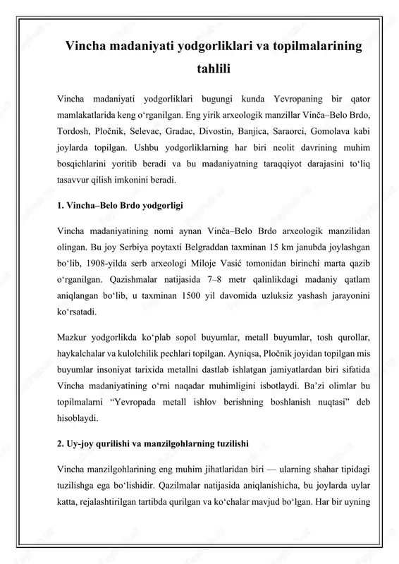 lib, vincha ustalarining mehnat madaniyati yuksak darajada bo‘lganini ko‘rsatadi. 5. diniy e’tiqod va ramzlar tizimi vincha madaniyati topilmalarining eng sirli jihatlaridan biri — bu vincha belgilar tizimidir. bu belgilar sopol buyumlar, haykalchalar va devor bo‘laklarida uchraydi. ular piktografik xarakterga ega bo‘lib, ayrim tadqiqotchilar ularni proto-yozuv tizimi deb baholaydi. ba’zi belgilar oy, quyosh, hosildorlik, suv va hayot tushunchalariga bog‘liq diniy ramzlar sifatida talqin qilinadi. bu holat vincha aholisi tabiat kuchlarini ilohiylashtirgan va ularni madaniyat markaziga qo‘yganini ko‘rsatadi. ayrim haykalchalarda ko‘zlari kattalashgan, qo‘llarini ko‘krak ustiga qo‘ygan ayol siymolari tasvirlangan. bu holat marosimiy ibodat yoki hosildorlik xudolariga murojaat shaklini ifodalaydi. shu jihatdan vincha madaniyati keyingi egey va minoy madaniyatlari diniy qarashlariga asos bo‘lgan qadimiy an’analarni o‘zida mujassam etgan. 6. ijtimoiy hayot va xo‘jalik faoliyati arxeologik dalillarga ko‘ra, vincha aholisi dehqonchilik va chorvachilikni uyg‘unlashtirgan xo‘jalik tizimiga ega bo‘lgan. ular bug‘doy, arpa, no‘xat, yasmiq kabi donli ekinlarni yetishtirgan, qo‘y, echki, qoramol va cho‘chqa boqishgan. oziq-ovqat …