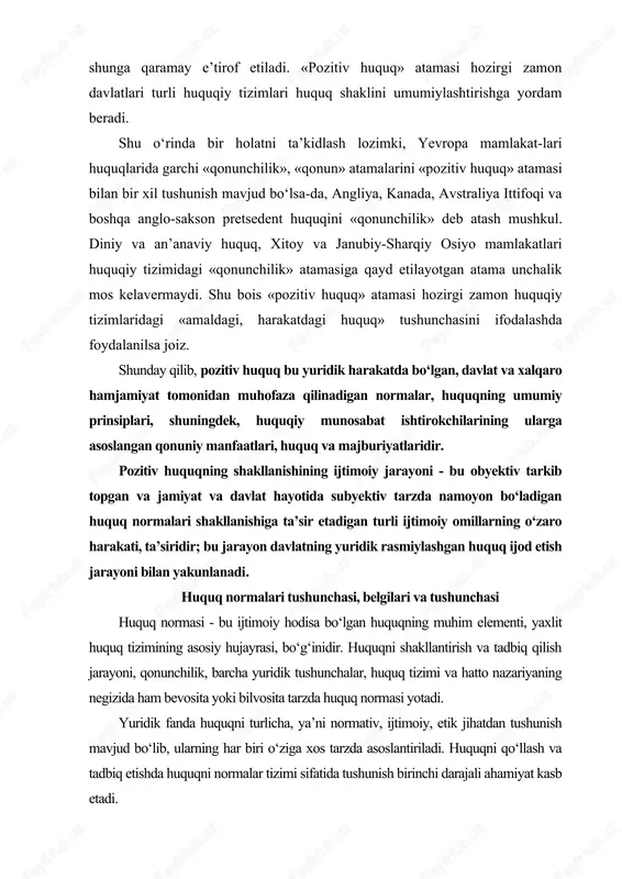 ha, ya’ni normativ, ijtimoiy, etik jihatdan tushunish mavjud bo‘lib, ularning har biri o‘ziga xos tarzda asoslantiriladi. huquqni qo‘llash va tadbiq etishda huquqni normalar tizimi sifatida tushunish birinchi darajali ahamiyat kasb etadi. har bir norma o‘zida biron-bir xatti-harakat, xulq-atvor qoidasini, muayyan yurish-turish modelini ifodalaydi, masalan, o‘zbekiston respublikasi konstitutsiyasining 50-moddasiga ko‘ra, fuqarolar atrof tabiiy muhitga ehtiyotkorona munosabatda bo‘lishga majburdirlar. bu huquqiy norma fuqarolarning tabiatga, tabiiy resurslar, hayvonot va o‘simlik dunyosi, atmosferaga nisbatan qanday xatti-harakat qilishlari to‘g‘risidagi qoidani o‘zida mustahkamlaydi. huquq normasi - bu barcha huquq subyektlari uchun majbu-riy bo‘lgan, davlat tomonidan o‘rnatilgan yoki sanksiyalangan, davlatning majburlov kuchi bilan ta’minlanadigan va qo‘riqlanadigan hamda ijtimoiy munosabatlarni tartibga solishga yo‘naltirilgan muayyan aniq shakllangan xatti-harakat qoidasi, xulq-atvor namunasi bo‘lib, unda ijtimoiy munosabat qatnashchilarining huquq va majburiyatlari mustahkamlangan bo‘ladi. huquq normasi - bu bajarilishi lozim va kelgusiga qaratilgan me’yoriy qoida, xulq-atvor o‘lchovi bo‘lib, u muayyan tarzda shakllantiriladi, ya’ni qonunchilikda o‘z ifodasini topadi. muayyan masalalar bo‘yicha buyruq, ko‘rsatma, …