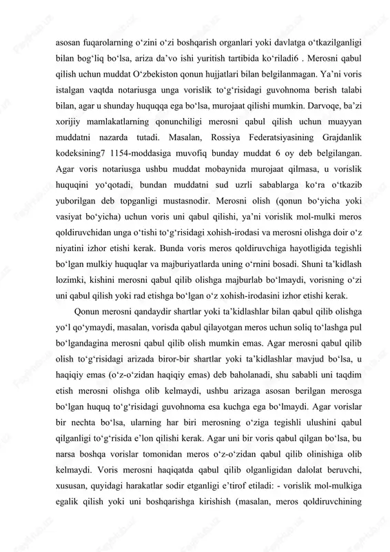 lib olish to‘g‘risidagi arizada biror-bir shartlar yoki ta’kidlashlar mavjud bo‘lsa, u haqiqiy emas (o‘z-o‘zidan haqiqiy emas) deb baholanadi, shu sababli uni taqdim etish merosni olishga olib kelmaydi, ushbu arizaga asosan berilgan merosga bo‘lgan huquq to‘g‘risidagi guvohnoma esa kuchga ega bo‘lmaydi. agar vorislar bir nechta bo‘lsa, ularning har biri merosning o‘ziga tegishli ulushini qabul qilganligi to‘g‘risida e’lon qilishi kerak. agar uni bir voris qabul qilgan bo‘lsa, bu narsa boshqa vorislar tomonidan meros o‘z-o‘zidan qabul qilib olinishiga olib kelmaydi. voris merosni haqiqatda qabul qilib olganligidan dalolat beruvchi, xususan, quyidagi harakatlar sodir etganligi e’tirof etiladi: - vorislik mol-mulkiga egalik qilish yoki uni boshqarishga kirishish (masalan, meros qoldiruvchining kvartirasida amalda yashaganlik); - vorislik mol-mulkini but saqlash, uni boshqa shaxslarning tajovuzlari yoki da’volaridan himoya qilish choralarini ko‘rish (masalan, meros qoldiruvchining avtomashinasiga signalizatsiya o‘rnatish); - vorislik mol-mulkini saqlash xarajatlarini o‘z hisobidan amalga oshirish (masalan, kommunal xizmatlar haqini to‘lash); - meros qoldiruvchining qarzlarini o‘z hisobidan to‘lash yoki …