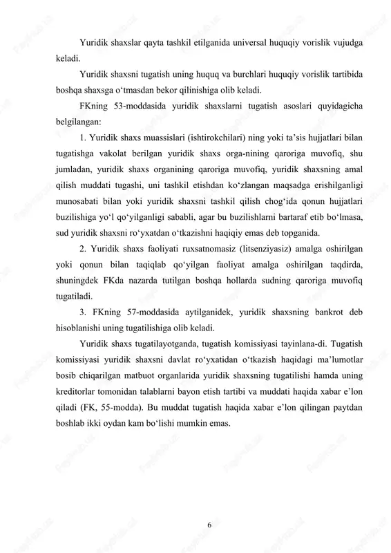 atlar tatbiq etiladi. qonun hujjatlari bilan belgilanadigan tartibda xususiy korxonalar uchun davlat byudjetiga va davlat maqsadli jamg‘armalariga soliqlar hamda boshqa majburiy to‘lovlarning doimiy stavkalari belgilanadi. xususiy korxonaning foydasi soliqlar va boshqa majburiy to‘lovlar to‘langanidan so‘ng korxona mulkdorining tasarrufiga o‘tadi hamda unga soliq solinmaydi. xususiy korxona faoliyatini tekshirish nazorat qiluvchi organlar tomonidan ko‘pi bilan ikki yilda bir marta, belgilangan tartibda amalga oshirilishi mumkin, qonun hujjatlarida nazarda tutilgan hollar bundan mustasno. xususiy korxonalar o‘z huquq va manfaatlarini himoya qilish maqsadida qonunga muvofiq assotsiatsiyalarga (uyushmalarga) va boshqa birlashmalarga birlashishlari mumkin. xususiy korxona mulkdori xususiy korxonani mol-mulk majmua-si sifatida sotishga, hadya qilishga, vasiyat qilib qoldirishga yoki uni o‘zgacha usulda boshqa shaxsga o‘tkazishga haqli. xususiy korxona uning mulkdori yoki sudning qaroriga ko‘ra, qonun hujjatlarida belgilangan tartibda qayta tashkil etilishi yoki tugatilishi mumkin. xususiy korxonalarning tuzilishi, fao-liyati, qayta tashkil etilishi va tugatilishi sohasidagi nizolar qonun hujjatlarida belgilangan tartibda hal etiladi. xo‘jalik shirkatlari – yuridik shaxs sifatida …