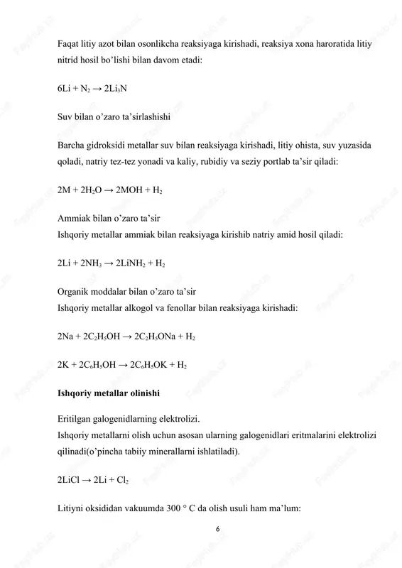 idlari: 2me+s = me2s me2s ni s bilan suyuqlantirilsa persulfidlar: na2s, na2s2, na2s4 , na2sn n=1-:- 6; gidridlar. meh, bog’lanishi ion tabiatli. suyuq ammiak bilan amidlar, imidlar va nitridlar: 2na+2nh3=2nanh2+h2 2na+nh3=na2 nh+h2 6na+2nh3=2na3n+3h2 ishqoriy metallar hg amalgamalar. li – alangani qizil-binafsha . na alanga sariq-g’isht . k alangani binafsha-siyoh , rb qizil, cs binafsha tusga bo’yaydi. metallar borligi? kislotalar bilan tuzlari . kalsinirlangan soda (na2co3), kristall soda (na2co3*10h2o), ichimlik sodasi (nahco3). naoh sovun t, to’qimachilik va ko’nchikida naoh 328os suyq 20os da suvda 109 g naoh eriydi. u kuchli ishqor, o’yuvchi natriy . teriga tushsa kuydiradi. naoh ko’zga sachra ko’zni ko’r qiladi. osh tuzi nacl- na metali, xlor, naoh, hcl ishlab chiqarishda . mirabilit na2so4*10h2o tibbiyotda va shisha . kcl, kno3, k2so4 kaliyli o’g’itlardir. kaliy nitrat qora porox: kno3-68%; c-17%;s-15%. cs va rb fotoelementlar tayyorlashda . rb va cs valent e oson ajralishi yorug’lik energiyasini elektr energiyasiga aylantitirishda. tibbiyotda .li …