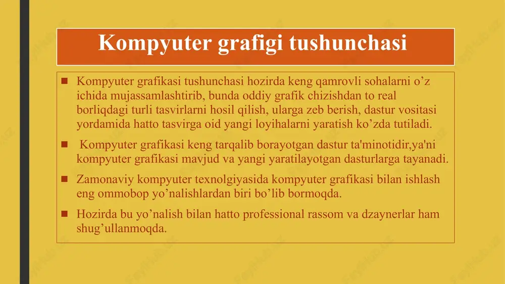 puxta o‘zlashtirib, ulardan to‘g‘ri foydalanishi lozim. foydalanilgan adabiyotlar g‘ulomova m., qodirova s. kompyuter grafikasi asoslari. – toshkent: o‘qituvchi, 2020. hasanov a. axborot texnologiyalari va tizimlari. – toshkent, 2021. xolmatov a. kompyuter arxitekturasi va periferik qurilmalar. – toshkent: fan, 2019. yo‘ldoshev j. axborot texnologiyalari nazariyasi. – toshkent, 2022. yusupov u. multimedia va grafik dizayn asoslari. – samarqand, 2020. karimov m. axborot madaniyati va texnologiyalar. – toshkent, 2018. image1.png image2.png image3.png image4.png image5.png image6.png /docprops/thumbnail.jpeg