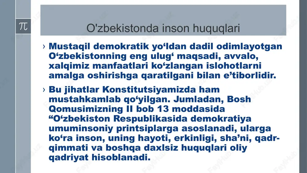 anglashiga, fuqarolik mas’uliyatini oshirishga va jamiyatda qonun ustuvorligini ta’minlashga xizmat qiladi. foydalanilgan adabiyotlar ro‘yxati o‘zbekiston respublikasi konstitutsiyasi. toshkent, 2017. boboev, n. (2019). inson huquqlari va fuqarolik mas’uliyati. toshkent: huquq nashriyoti. ismoilov, sh. (2018). fuqarolik jamiyati va inson huquqlari. toshkent: ma’rifat. sayfullaev, a. (2017). huquqiy bilimlar va jamiyat. toshkent: adolat. xakimov, r. (2016). inson va fuqarolarning huquqlari asoslari. toshkent: sharq. toshkulov, b. (2015). huquqshunoslik asoslari. toshkent: o‘qituvchi nashriyoti. image1.jpeg image2.png image3.png image4.png image5.png image6.png image7.png image8.png image9.png