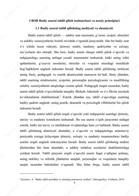 hu bilan birga, badiy asarni tahlil qilish asarning falsafiy va ma’naviy qatlamlarini ochishga xizmat qiladi. har bir qahramonning harakatlari, qarorlari va voqealardagi o‘zgarishlar asarning asosiy g‘oyasi bilan uzviy bog‘liq bo‘lib, tadqiqotchiga muallifning dunyoqarashi va ijtimoiy pozitsiyasini anglash imkonini beradi. badiy asarni tahlil qilish jarayonida muallifning uslubi va til xususiyatlariga alohida e’tibor qaratiladi. stilistik va lingvistik vositalar — metafora, epitet, personifikatsiya, dialoglar va takroriy elementlar — asarning kayfiyati va dramatik tuzilishini shakllantiradi. shu jihatdan qaraganda, badiy asarni tahlil qilish nafaqat mazmuniy, balki stilistik nuqtai nazardan ham zarurdir, chunki u asarning badiiy qadrini, muallifning ijodiy yondashuvini va o‘quvchi his-tuyg‘ulariga ta’sirini to‘liq anglashga yordam beradi. badiy asarni tahlil qilish orqali o‘quvchi o‘zining estetik didini rivojlantiradi va madaniy saviyasini oshiradi. tahlil jarayonida o‘quvchi asarni nafaqat o‘qiydi, balki uni baholaydi, personajlarning harakatlari va voqealar rivojini tahlil qiladi, asarning ijtimoiy va ma’naviy xabarlarini o‘z hayotiy tajribasi bilan bog‘laydi. bu esa badiy asarni tahlil qilishning amaliy va …