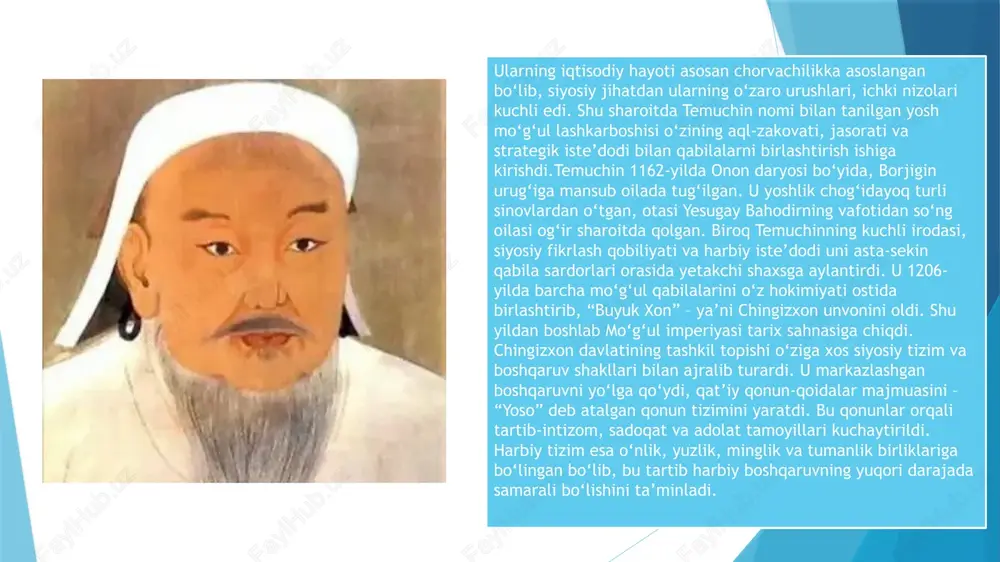 atdi. uning davlatchilik g‘oyasi kuchli intizom, adolat, sadoqat va harbiy strategiyaga asoslangan edi. bugungi kunda ham chingizxon shaxsiyati, uning davlat boshqaruvi va siyosiy merosi ko‘plab tarixchilar tomonidan chuqur o‘rganilmoqda.chingizxon davlati tarixda insoniyat taraqqiyoti yo‘lida eng yirik harbiy-siyosiy hodisalardan biri sifatida baholanadi. xiii asr boshlarida yevroosiyo qit’asining markaziy qismida yashagan ko‘plab mo‘g‘ul va turkiy qabilalar uzoq yillar davomida mustaqil, tarqoqlikda hayot kechirar edilar. ularning iqtisodiy hayoti asosan chorvachilikka asoslangan bo‘lib, siyosiy jihatdan ularning o‘zaro urushlari, ichki nizolari kuchli edi shu sharoitda temuchin nomi bilan tanilgan yosh mo‘g‘ul lashkarboshisi o‘zining aql-zakovati, jasorati va strategik iste’dodi bilan qabilalarni birlashtirish ishiga kirishdi.temuchin 1162-yilda onon daryosi bo‘yida, borjigin urug‘iga mansub oilada tug‘ilgan. u yoshlik chog‘idayoq turli sinovlardan o‘tgan, otasi yesugay bahodirning vafotidan so‘ng oilasi og‘ir sharoitda qolgan. biroq temuchinning kuchli irodasi, siyosiy fikrlash qobiliyati va harbiy iste’dodi uni asta-sekin qabila sardorlari orasida yetakchi shaxsga aylantirdi. u 1206-yilda barcha mo‘g‘ul qabilalarini o‘z hokimiyati ostida birlashtirib, “buyuk …