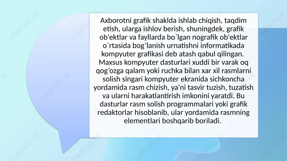nglar hisoblanadi. ularni bir hil aralashtirsak oq hosil bo’ladi. rang modellari. rgb modelining nomi red - qizil, green – yashil va blue – ko’k birlamchi ranglarning bosh xarflaridan olingan bo’lib, ushbu ranglarning turli proporsiyalarda aralashtirish natijasida ko’rinuvchi spektrning turli hil boshqa ranglarini olish mumkin. birlamchi ranglarning aralashmasidan ikkilamchi moviy (cyan), pushti (magenta) va sariq (yellow) ranglar xosil bo’ladi. kompyuter grafikasi o’zoq yillar davomida vujudga kelib, 1960 yillarda ham to’laqonli grafik tizimlar mavjud bo’lgan. hozirgi kunda kompyuter grafikasi (kg) va kompyuter animasiyasi (ka) atamalaridan foydalaniladi. kopyuter grafikasi tushunchasi statik tasvirlar bilan ishlashning barcha ko’rinishlari o’z ichiga olsa kompyuter animasiyasi dinamik o’zgaruvchi tasvirlar bilan ishlaydi. e’tiboringiz uchun rahmat! image1.png image2.jpg image3.jpeg image4.jpeg image5.jpeg /docprops/thumbnail.jpeg