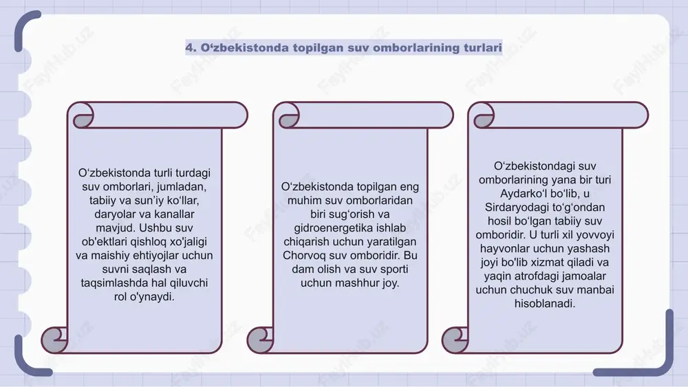 tonda o‘tkazilayotgan suv omborlarini boshqarish bo‘yicha 15-xalqaro hamkorlikning maqsadi suv omborlarini barqaror boshqarish bo‘yicha ilg‘or tajriba va strategiyalarni muhokama qilish uchun ekspertlar va manfaatdor tomonlarni birlashtirishdan iborat. hamkorlik orqali o‘zbekiston suv omborlari infratuzilmasini yaxshilashi va suv xavfsizligini ta’minlashi mumkin. ushbu tadbirda ishtirok etish o‘zbekistonga jahon tajribasini o‘rganish va suv omborlarini boshqarish amaliyotiga innovatsion yondashuvlarni kiritish imkonini beradi. xalqaro hamkorlikni rivojlantirish orqali o‘zbekiston suv omborlari faoliyatining samaradorligi va samaradorligini oshirishi mumkin. 16. o‘zbekistondagi suv omborlari infratuzilmasi oʻzbekistonda mamlakatning suv xoʻjaligi va infratuzilmasida hal qiluvchi rol oʻynaydigan 16 ta suv ombori mavjud. ushbu suv omborlari sug'orish, gidroenergetika ishlab chiqarish va suv ta'minoti kabi ko'plab maqsadlarga xizmat qiladi. o‘zbekistondagi suv omborlari infratuzilmasi mamlakat qishloq xo‘jaligining asosiy tarkibiy qismi bo‘lib, ekinlarni suv bilan ta’minlaydi va iqtisodiyotni qo‘llab-quvvatlaydi. bu suv omborlari mintaqada suv oqimini tartibga solish va suv toshqinlarining oldini olishga ham yordam beradi. suv omborlari infratuzilmasini modernizatsiya qilish va kengaytirish bo‘yicha olib borilayotgan ishlar …