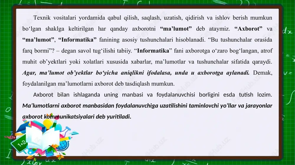 t talab qilinadi (256=28). hatto kattaroq olingan ma’lumotlar birliklari ham keng qo‘llaniladi: 1 bayt = 8bit; 1 kilobayt (kb) = 1024 bayt = 210 bayt; 1 megabayt (mb) = 1024 kb = 220 bayt; 1 gigabayt (gb) = 1024 mb = 230 bayt; 1 terabayt (tb) = 1024 gb = 240 bayt; 1 petabayt (pb) = 1024 tb = 250 bayt; 1 eksabayt (ebayt) = 1024 pb = 260 bayt; 1 zettabayt (zbayt) = 1024 pb = 270 bayt; 1 yottabayt (ybayt) = 1024 pb = 280 bayt. axborotning semantik o‘lchovi. axborotning ma’noli mazmunini, ya’ni uning semantik bosqichidagi miqdorini o‘lchashda tezaurusli o‘lchov keng tarqalgan. bu o‘lchov axborotning semantik xususiyatlarini xabar qilinishidagi foydalanuvchining qobiliyati bilan bog‘laydi. buning uchun foydalanuvchining tezaurusi tushunchasi ishlatiladi. tezaurus - foydalanuvchi yoki tizim ixtiyoridagi ma’lumotlar majmuidir. foydachanuvchi qabul qiladigan semantik axborot miqdori bilan uning tezaurusi orasidagi bog‘liqlik is = f(sp). semantik axborot miqdorining nisbiy o‘lchovi sifatida semantik …
