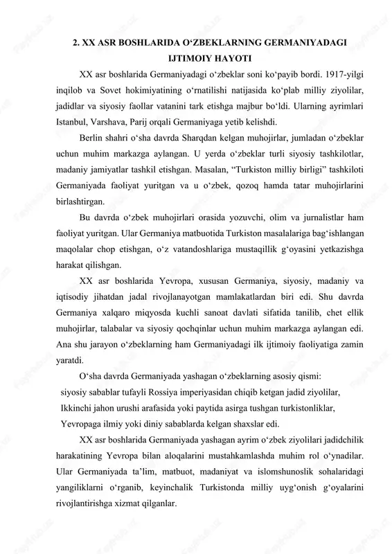 majburiy ko‘chish, ilmiy va madaniy tajriba almashinuvi, milliy o‘zlikni saqlashga intilish, diniy va madaniy hayotni davom ettirish urinishlari. aynan shu jarayonlar bugungi germaniyada shakllangan zamonaviy o‘zbek diasporasining tarixiy ildizini tashkil etadi. 3. ikkinchi jahon urushi davrida germaniyadagi o‘zbeklar ikkinchi jahon urushi (1939–1945) yillarida germaniya hududida o‘zbeklarning soni keskin oshdi. buning sababi — sovet ittifoqi hududida nemislar tomonidan asirga olingan yuz minglab markaziy osiyo xalqlari vakillarining germaniyaga olib ketilganidir. urush davrida germaniyada “turkiston legionlari” tuzilgan bo‘lib, bu legionlarga o‘zbeklar ham jalb qilingan. ularning ayrimlari sovet ittifoqiga qarshi kurashgan bo‘lsa, ko‘pchiligi urushdan so‘ng g‘arbiy germaniyada qolib ketgan. urush yakunida germaniya hududida o‘zbek muhojirlarining yangi avlodi shakllandi. bu davr o‘zbek diasporasi tarixida og‘riqli, ammo muhim bosqich bo‘lib, keyinchalik germaniyada doimiy yashovchi o‘zbek oilalari, madaniy markazlar va jamoalar paydo bo‘lishiga zamin yaratdi. ikkinchi jahon urushi (1939–1945 yillar) insoniyat tarixidagi eng keng ko‘lamli va fojiali urushlardan biri bo‘ldi. bu davrda sobiq sovet ittifoqi hududidan millionlab …