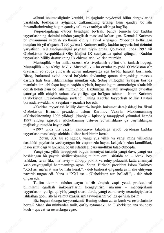 gun qanday ta`lim va tarbiya olishiga bog`liq. yuqoridagilarga e`tibor beradigan bo`lsak, bunda birinchi bor kadrlar tayyorlashning tizimini tubdan yangilash masalasi ko`tarilgan. demak i.karimov bu muammoni yechish yo`llarini o`n yil avval o`ylagan. yuqorida keltirilgan nutqdan bir yil o`tgach, /1990 y./ esa i.karimov milliy kadrlar tayyorlashni tizimini yaryatishni rejalashtirganligini payqash qiyin emas. qolaversa, unda 1997 yil o`zbekiston respublikasi oliy majlisi ix sessiyasida qabul qilingan «kadrlar tayyorlash milliy dasturi»ning ilk chizmalarini ko`rish mumkin. mustaqillik – bu millat orzusi, o`z rivojlanish yo`lini o`zi tanlash huquqi. mustaqillik – bu o`ziga beklik. mustaqillik – bu orzular ro`yobi. o`zbekiston o`z orzularini ro`yobga chiqarish uchun imkoniyatga ega bo`ldi, harakat boshlandi. biroq, barkamol avlod orzusi bo`yicha davlatning qonun darajasidagi maxsus dasturi hali beri ishlanmasligi mumkin edi. sobiq ittifoqdan ajralgan boshqa mamlakatlar kabi faqat bugun haqida o`ylash, bugunning muammolariga o`ralashib qolish holati ham bo`lishi mumkin edi. baxtimizga davlatni rivojlangan davlatlar qatoriga olib chiqish uchun o`z yo`liga ega bo`lgan rahbar – …