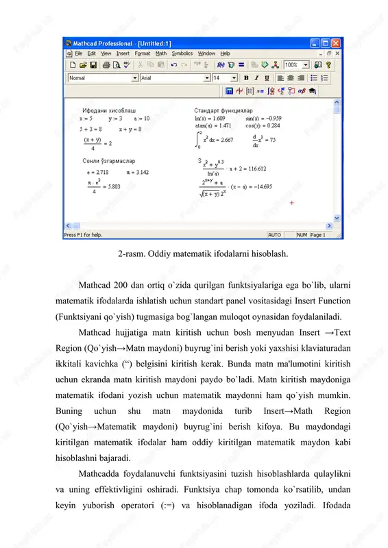 i o`lchamli grafik shabloniga abstsiss o`qi argumenti nomi, ordinata o`qiga funktsiya nomi kiritiladi. 4.argumentning berilgan o`zgarish diapazonida grafikni qurish uchun grafik shabloni tashqarisi sichqonchada bosiladi. agar argumentning diapazon qiymati berilmasa, u holda avtomatik holda argument diapazon qiymati 10 dan 10 gacha bo`ladi va shu diapazonda grafik quriladi (5-rasm). grafik formatini qayta o`zgartirish uchun grafik maydonini ikki marta tez-tez sichqonchani ko`rsatib bosish va ochilgan muloqot oynasidan kerakli o`zgarishlarni qilish kerak. agar bir necha funktsiyalar grafigini qurish kerak bo`lsa va ular argumentlari har xil bo`lsa, u holda grafikda funktsiyalar va argumentlar nomlari ketma-ket vergul qo`yilib kiritiladi. bunda birinchi grafik birinchi argument bo`yicha birinchi funktsiya grafigini va ikkinchisi esa mos ravishda ikkinchi argument bo`yicha ikkinchi funktsiya grafigini tasvirlaydi va hakozo. 5-rasm. funktsiya grafigini qurish. quyida grafik formati muloqot oynasi qo`yilmalarini beramiz. 1.x-y axes – koordinata o`qini formatlash. koordinata o`qiga setka, sonli qiymatlarni grafikga belgilarni qo`yish va quyidagilarni o`rnatish mumkin: · logscale – logarifmik …