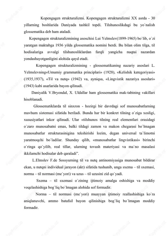 yyan ijtimoiy jamoada qabul qilingan va kuzatilayotgan voqelikdagi faktlar bilan aniqlanuvchi malakalarning jamidir. l.elmslev konkret, individual nutq aktining til uzusi bilan yaqindan zich aloqada ekanligini, uning til uzusi bilan tilning moddiy jihatini tashkil qilishini alohida qayd etadi. glossematiklarning g`oyaviy rahbari l.yelmslevf.de sossyur ta`limotidagi ifodalanuvchi va ifodalovchi antinomiyani - ushbu terminlarni mazmun plani va ifoda plani terminlari bilan almashtiradi. ifoda plani termini ostida tilning tashqi, tovush tomoni tushuniladi. mazmun plani termini ostida esa tilda o`z ifodasini topuvchi, ifodalanuvchi fikrlar, g`oyalar tushuniladi. strukturalizm maktablari haqidagi fikrlarni umumlash-tirar ekanmiz, funksional tilshunoslik nomi bilan yuriti-luvchi praga strukturalizmi, deskriptiv tilshunoslik nomi bilan yuritiluvchi amerika strukturalizmi va glossematika nomi bilan yuritiluvchi kopengagen strukturalizmi bir – biridan tashkil topgan joy nomiga, tilni struktural hodisa sifatida olib, uni tuzilishiga ko`ra tahlil qilishda qo`llaniladigan metodlariga ko`ra, lisoniy hodisalarga qaysi poziciya nuqtai nazaridan yondashishiga ko`ra o`zaro farqlanadi. ayni vaqtda struktural tilshunoslik maktablari asosiy, eng muhim nuqtalarda umumiy g`oyalarga ko`ra o`zaro …