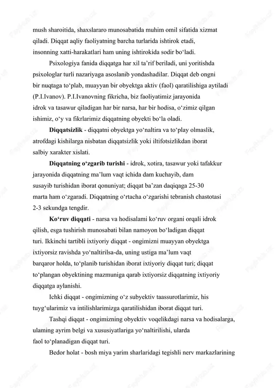 mobaynida qancha axborot almashiladi? diqqat bizning ongimizni yoritkich nurlariga o‘xshab ketadi va ong atrofdagi ma’lum bir cheklangan jismlarga o‘z diqqatini qaratadi. inson jismlami to‘xtovsiz qabul qilishi jarayonida, birinchi idrok qilingan holat boshqalarga almashib ketaveradi. olimlaming hisob-kitoblariga qaraganda, insonning beshta sezgisi sekundiga 11.000.000 bit axborotni ongli ravishda qabul qilar ekan va bu jarayon haqida vilson 2002-yilda ma’lumot bergan. ongning behush holatida 10.999.960 bit axborotdan foydalanar ekanmiz. bunga misol, siz biror-bir gapni o‘qib turib oyoqlaringizga poyabzalni kiya olmaysiz. diqqatiningizni neker kubga qarating va bu rasmni siz turlicha idrok qila olasiz. misol qilib, doiralami olsak, biz ulami turli holatda idrok qilishimiz mumkin. ulaming ichidan bir nechtasi bir xil bo‘lishi mumkin, biroq bizning diqqatimiz ularga birin-ketin qaratiladi siz bu tekstni o‘qishni boshlaganda, oyoq kiyimingizni siqayotganini yoki bumingiz ko‘rish chizig‘ida turganini tushunmagansiz. hozir esa e’tiboringizni qaratganingizda, oyoqlaringizni og‘riyotganini va bumingiz ko‘z oldingizda turganini sezasiz. tekstga e’tiboringizni jam qilib siz periferik ko‘rinishda kelayotgan ma’lumotni inkor etasiz. …