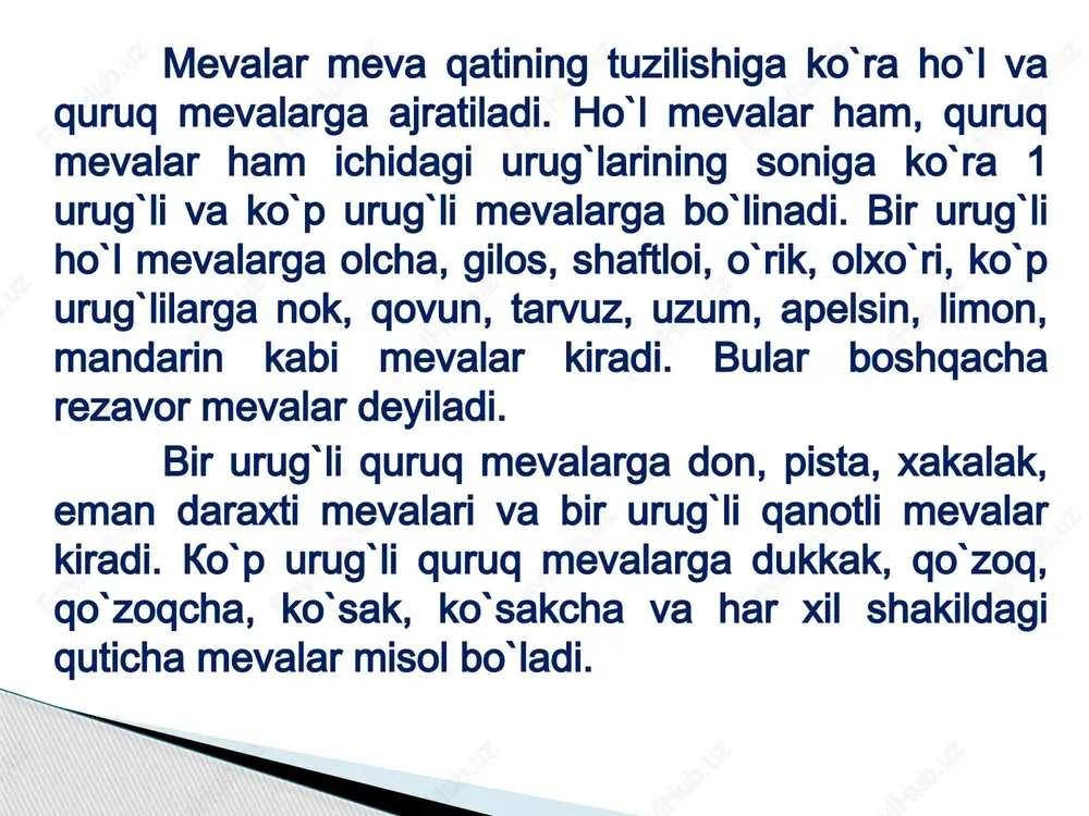 , daraxtni parvarish to’rtinchi davr - hosil berish davri. bu davrda daraxtlar eng ko’p hosil beradi. asosiy shohlar rivojlanishdan to’xtaydi. kurtaklardan faqat kalta novdalar o’sib chiqadi, mayda shohlar deyarli hosil bermaydi, lekin qari va quriyotgan shohlar soni ortib boradi, shuning uchun asosiy shohlarda barglar tobora kamayib borayotganligi, mayda shohlarning nobud bo’lishi kuzatiladi. hosil ko’p bo’ladi, lekin uning tovarlik sifati va daraxtning qishga chidamliligi sekin-asta pasayadi. bu davrda daraxtning shoh-shabbasi siyraklashtiriladi, bir oz yoshartiriladi. yerni ishlash, daraxtlarni va hosilni sovuq urishdan saqlash har yili yuqori va sifatli hosil olishda katta rol uynaydi. beshinchi davr - hosil berish va quriy boshlash davri. bu davr ilgarigi davrning davomi hisoblanadi. bunda yuqori tartib nimjon asosiy shohlar, so’ngra yirikroq shohlar quriy boshlaydi. daraxtlar yaxshi hosil beraveradi, lekin mevasi unchalik sifatli bo’lmaydi. bu davrda ham xuddi ilgarigi davrdagi kabi agrotexnika tadbirlari qo’llaniladi. asosiy novda va shohlardagi chetki shohchalarni yoshartirishga, shoh-shabba orasidagi nimjon shohchalarni siyraklashtirishga, quriganlarini kesib …