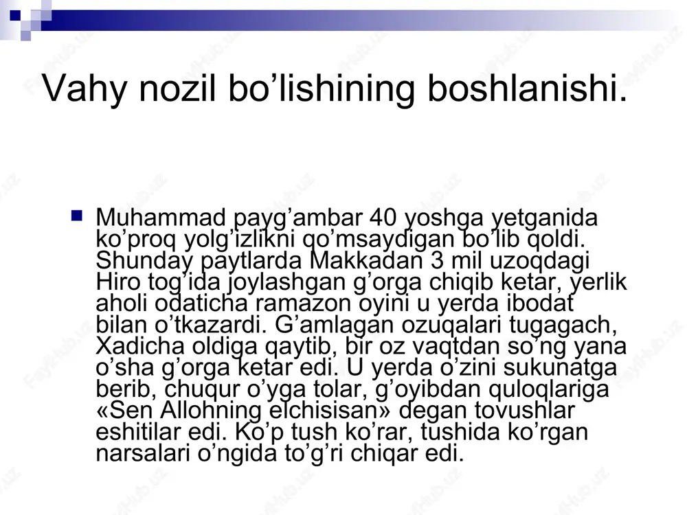 ror topdi. qur'on alloh tomonidan vahiy qilingan 4-ilohiy kitobdir. qur'on so'zining lug'aviy ma'nosi o'qimoq, qiroat qilmoq demakdir. u musulmonlarning asosiy muqaddas kitobi. qur'onda o'zidan oldin nozil bo'lgan sahifalar, tavrot, zabur, injil kabi barcha ilohiy kitoblarning ma'no, hikmat va ahkomlarini o'zida jamlanganiga ishorat bor. qur'on jumlalalriga biron-bir o'zgartirish, bironta harfini, hatto harflar belgisini – zeb-zabarini ham o'zgartirish mumkin emas, qat'iyan taqiqlangan. . qur'on islom dinining asosiy hujjati. islom diniga oid barcha hukmlarning asosiy va birinchi manbaidir. u musulmonlarning diniy, ijtimoiy va siyosiy hayotida yagona qo'llanma, doimiy yo'lboshchisi bo'lib xizmat qilib keldi. musulmon xuquqshunos (fiqhshunos)lari biror narsaning shariatdagi hukmini bilmoqchi bo'lsalar, albatta, oldin qur'onga murojaat qiladilar. qur'on suralari ikki qismga bo'linadi: 1.hijratdan avval tushgan suralar – «maka suralari» deyiladi. 2. hijratdan keyin tushgan suralar – «madina suralari» deyiladi. qur'oni karimning asosiy mavzusi va maqsadi bashariyat tafakkurida ko'pxudolikka barham berish, yakkaxudolikka targ'ib qilish va islom dinini o'rnatishdir. qur'onning nozil qilinishi muqaddas ramazon oyining …