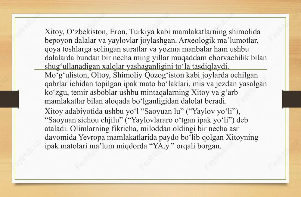 rning fikricha, miloddan oldingi bir necha asr davomida yevropa mamlakatlarida paydo boʻlib qolgan xitoyning ipak matolari maʼlum miqdorda “ya.y.” orqali borgan ya.y.”da harakat qilgan xalqlar chorva bilan birga hunarmandchilik, jundan mato, gilam toʻqish, aravalar yasash, temirchilik va metalldan qurolyaroq, turli buyumlar ishlab chiqarish bilan shugʻullangan. oʻz mahsulotlarini oʻtroq xalqlar ishlab chiqargan mahsulotlarga almashgan. shu bois mazkur yoʻlni ham “ipak yoʻli” deb atasa xato boʻlmaydi. ammo yaylovlararo oʻtgan yoʻlni buyuk ipak yoʻlining asosiy magistral yoʻnalishi deb aytish qiyin. binobarin, qadimiy xitoy manbalarida gʻarb bilan sharqni bogʻlab turgan asosiy savdo yoʻli qadimiy xitoydan, yaʼni xuanxe daryosining oʻrta va quyi qirgʻoqlaridagi shaharlardan xesi yoʻlagi, taklamakon choʻli atrofidagi shaharlar, pomir, hozirgi qirgʻiziston, oʻzbekiston, turkmaniston, eron, turkiya orqali yevropaga boradigan yoʻllardan iboratligi bayon etilgan. muvang [asl ismi jiman, mutyanzi (“tangri farzandi my”) deb ham ataladi! (? — miloddan avvalgi 947) — qad. xitoydagi gʻarbiy chjou xonligi (miloddan avvalgi 11-asr — 777 y.)ning 5-hokimi (mil. av. …