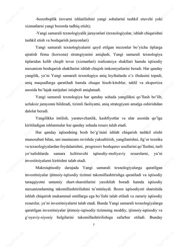 arini rivojlantirish maqsadida bir qator qonun, farmon va qarorlar qabul qilindi. shu jumladan, 2006 yil 7 avgustda pq–436 sonli «fan va texnologiyalar rivojlanishini muvofiqlashtirish va boshqarishni takomillashtirish chora-tadbirlari to’g’risida»gi o’zbekiston respublikasi prezidenti qarori. o’zbekiston respublikasi prezidentining 2008 yil 15 iyuldagi pq-916 sonli «innovatsion loyihalar va texnolgiyalarni ishlab chiqarishga tatbiq etishni rag’batlantirish borasidagi qo’shimcha chora-tadbirlari to’g’risida»gi qarori. ushbu qaror asosida respublika innovatsion g’oya, texnologiya va loyihalar yarmarkasi amalga oshirilmoqda. bu yarmarka iqtisodiyot vazirligi, vazirlar mahkamasi qoshidagi fan va texnologiyalarni rivojlantirishni muvofiqlashtirish qo’mitasi, fanlar akademiyasi va tashqi iqtisodiy aloqalar, investitsiyalar va savdo vazirligi tomonidan tashkil etilgan. respublika innovatsion g’oya, texnologiya va loyihalar yarmarkasi mamlakatimiz korxonalariga ilmiy-innovatsion faoliyat natijalarini joriy etishga, ularning samaradorligini oshirishga ta’sir etuvchi mexanizm bo’lib xizmat qiladi. o’zbekiston respublikasi prezidentining 2008 yil 15 iyuldagi pq-916 son qarorini bajarish yuzasidan vazirlar mahkamasi 2008 yil 15 oktyabrdagi № 228-sonli «texnologiyalar transferi agentligi» davlat unitar korxonasi faoliyatini takomillashtirish to’g’risida» qaror qabul qildi. agentlikning …