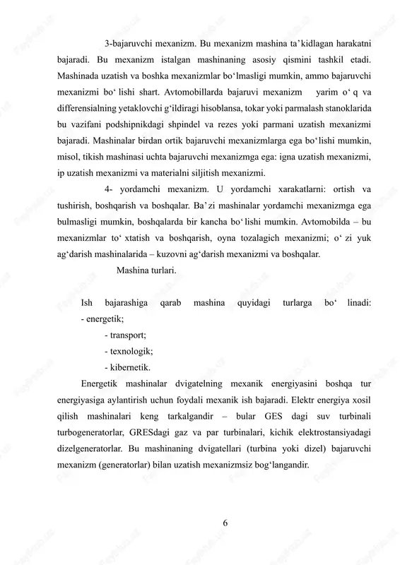 hga baguishlangan. ma’ro‘zada mmn ni yondosh fanlarga bog‘liqligi va mexaniq sistemalar, mashinalar va mexanizmlarga xarakteristika berilgan. bo‘lar amaliy mashinasozlik talablaridan kelib chikkan xolda bayon etilgan. amaliy mashinasozlik mashinalar soxasidagi fan oldiga echilishi zarur bo‘lgan turli masalalarni qo‘yadi va o‘z navbatida mashinalar mexaniq asi fani mashinasozlikni o‘z ilmiy kashfiyotlari va ixtirolari bilan ta’minlab turadi. mmn fani sanoat, konstro‘qtorlik byurolari, texnika olamidagi mavjud mashina va mexanizmlar bilan bog‘langan. bu ma’ro‘zaning asosiy muammosi bo‘lib, mmn faning turli masalalarini bayonqilishda ko‘zga tashlanadi. i. xalkning farovonligi ishlab chiqariladigan maxsulotning sifatiga mehnat samaradorligiga va ilm-fan yuto‘qlaridan foydalanib yaratilgan texnikaga bog‘liqdir. davlatimizning rivoji va ertangi kunga bo‘lgan ishonchi ko‘p jixatdan zamonaviy, raqobatbardosh mashina va mexanizmlar moslamalarini ishlab chiqarishga bog‘liqdir. akademik m.t.o‘razboev quyidagi so‘zlarni aytgan edi: «olim kelajakni o‘z ruxiy dunyosining eng baland cho‘qqisidan turib ko‘ra olishi va atrofdagilarni shubxalanmasdan etaklashi bilan boshqalardan farq qilishi kerak. bu esa kelajakda ijodkor kishilarni ko‘paytiradi, ijod natijasida mehnat unumdorligi oshishiga olib …