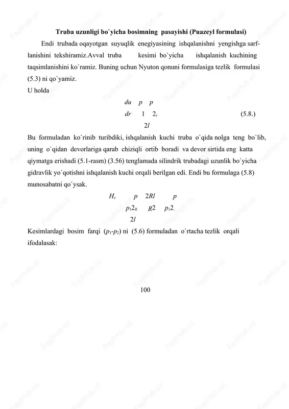 3 c b cb p12 2 pc (5.20) 12 (5.18) va (5.20) tenglamalarni o`zoro taqqoslab, o`rtasha tezlik bilan maksimal tezlik o`rtasidagi bog`lanishni topamiz: v2u . bundan ko`rinadiki, ko`rilayotgan holda 3 max tekis tirqishdan oqayotgan suyuqlik ushun gidravlik yo`qotishni topamiz. he p1p2 (5.20) dan (p1-p2) ni o`rtasha tezlik orqali quyidagisha ifodalab l p 12. p12 c 2 v uni gidravlik yo`qotish formulasiga qo`ysak, ushbu munosabat hosil bo`ladi. he 12 2 l v tirqishning gidravlik radiusi r s lb c bo`lishni va reynolds soni quyidagisha yozamiz: re 2(c b) 2 4 ni nazarga olib, gidravlik yo`qotishni v r he 12 l v 24l v2 96 l v2 . (5.21) gc 2 4 2g v rc re re 2g agar silindrik trubadagi laminar harakat tekshirilgandagi kabi 96 (5.22) re belgilashni kiritsak, ushbu munosabatni olamiz. he l v2 (5.23) 4r 2 g oxirgi munosabatdan foydalanib gidravlik qiyalikni hisoblash formulasini olamiz. j h e l …