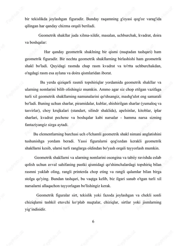 ab to’g’ri chiziqning tekislikdagi holati biridek bo’lishi mumkin: b=c=0, a0 bo’lsa , ax=0: to’g’ri chiziq oy o’qi bilan ustma – ust tushadi; a=c=0, b0 bo’lsa , by=0: to’g’ri chiziq ox o’qi bilan ustma – ust tushadi; c=0, a0, b0 bo’lsa ax+by=0: to’g’ri chiziq koordinatalar boshidan o’tadi b=0, a0, c0 bo’lsa ax+c=0: to’g’ri chiziq oy o’qiga parallel o’tadi a=0, b0, c0 bo’lsa by+c=0: to’g’ri chiziq ox o’qiga parallel o’tadi (6-rasm) tekislikda to’g’ri chiziqning kesmalardagi tenglamasi. agar(1) da b0 bo’lib, tenglamani kabi yozilsa hamda belilashlar kiritilsa, hosil bo’lgan y=kx+b ko’rinishidagi tenglama to’g’ri chiziqning burchak koeffitsentli tenglamasi deyiladi. bunda k=tg to’g’ri chiziqning burchak koeffitsenti deb ataladi. - to’g’ri chiziqning ox o’qi bilan hosil qilgan burchagi. b- to’g’ri chiziqning oy o’qidan ajratgan kesmasining uzunligini bildiradi. (7-rasm) misol 1- oy o’qining manfiy qismida 1 kesma ajratuvchi,ox o’qini 60° burchak ostida kesib o’tuvchi to’g’ri chiziq tenglamasini yozing. ychish: y = kx-1 va k=tgα formulasiga ko’ra y …