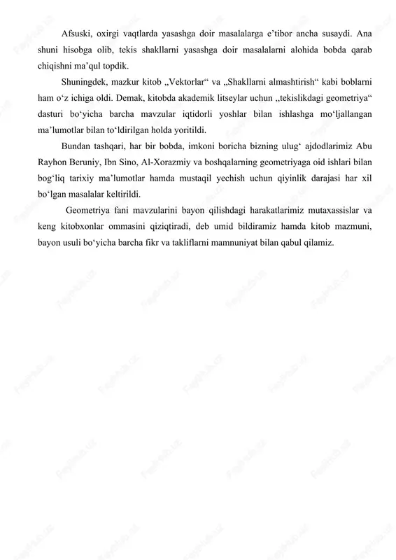 o'rtasidagi izomorflik munosabati ekvivalentlik munosabati bo'ladi, ya’ni quyidagi munosabatlar o'rinlidir: a) b) c) biz v chiziqli fazoda bazis yordamida har bir vektorni uning koordinatalari yordamida yagona ravishda aniqlaymiz. ikkinchi tomondan ketma-ketlik fazo elementidir. natijada formula yordamida izomorfizmni aniqlaymiz. bu akslantirish uchun tengliklar 5-teoremadan kelib chiqadi. teorema-7. har qanday o'lchamli chiziqli fazo fazoga izomorfdir. 2.2 affin fazolar ta'rif. bizga to'plam va v o'lchamli chiziqli fazo berilib, to'plamning nuqtalaring har bir juftiga birorta chiziqli fazoga tegishli vektor mos qo'yilgan bo'lib : 1) x to'plamning har bir a nuqtasi va har bir uchun yagona nuqta mavjud bo'lib tenglik, 2) ixtiyoriy uchta nuqtalar uchun tenglik bajarilsa, to'plam v o'lchamli affin fazo deyiladi. bu ta ’rifning ikkinchi shartidan bo'lganda tenglikni, bo'lganda tenglikni hosil qilamiz. biz bir o'lchamli affin fazoni to'g'ri chiziq, ikki o'lchamli affin fazoni tekislik va uch o'lchamli affin fazoni fazo deb ataymiz. ta'rif. affin fazoda berilgan o nuqta va v chiziqli fazoning bazisdan …