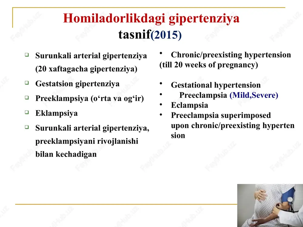imi normal boʻlishi mumkin 2-3 % ogʻir preeklampsiya boʻlgan va davolanmagan ayollarda kuzatiladi. headaches, elevated blood pressure and convulsions 30 eklampsik huruj fazalari prodromal - 10-20 sekund tonik - 20-30 sekund klonik - 1-2 daqiqa komatoz – individual xususiyatlarga bogʻliq xolda daqiqalar yoki soatlar davom etadi tiklanish davri – 20-30 sekund headaches, elevated blood pressure and convulsions 31 eklampsiyada birinchi yordam yordamga chaqirish: barcha tibbiy hodimlar mobilizatsiyasi birinchi yordam: nafas yoʻllarni oʻtkazuvchanligini saqlab qolish va aspiratsiyani profilaktikasi homilador ayolni chap yon boshga yotqizish jaroxatlanishdan asrang qoʻshimcha o2 (8-10 l/min maska orqali) talvasalar tugagandan so`ng magniy sulfatning yuklama dozasi boshlang es-hushini yo`qotish/nafas to`xtashi holatida ambu xaltachasi yordamida o`.s.v.ni boshlang siydik qopini katetrlash tez tibbiy yordan shifokorlari preeklampsiya/eklampsiya bilan kasallangan ayolni olib kelayotganda tug`ruqxona hodimlarini xabardor qilishlari kerak. 10/22/2025 31 many researchers have tried to predict who will get eclampsia. only a small portion of women who do have eclamptic fits had …