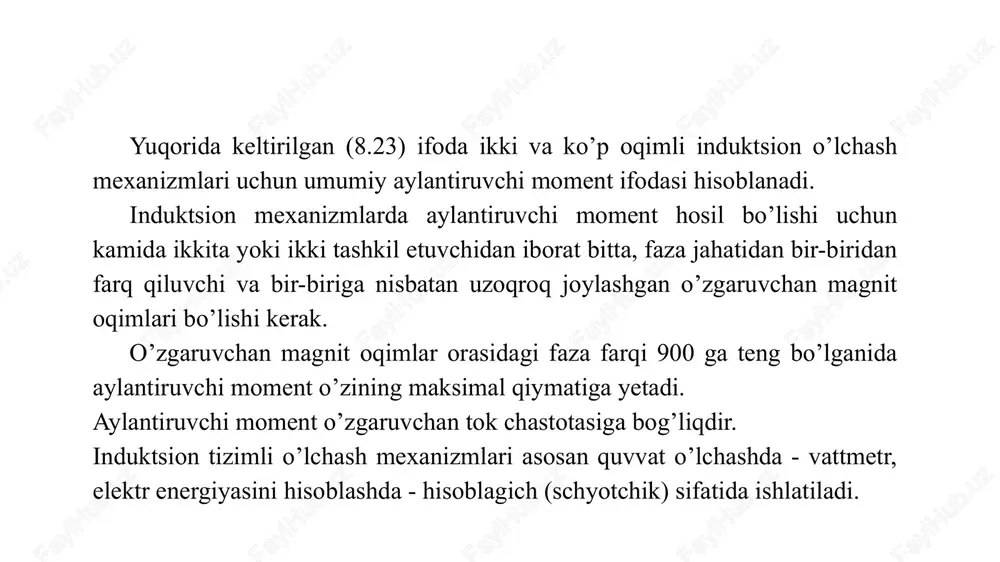 gan bir cho‘lg‘amli o‘zgartkichlar ham keng tarqalgan. harakatlanadigan bir joyga to‘plangan 3 cho‘lg‘amli o‘zgartkichning eng oddiy konstruksiyasi 6-rasmda namoyon qilingan. bu yerda 3-magnit o‘tkazgich, 1-harakatsiz cho‘lg‘ami to‘plangan, 2-harakatlanadigan bir joyga to‘plangan otchash cho‘lg‘ami. 6-rasm. qo‘zg‘aluvchan chulg‘amli o ‘zgartkich 8-rasm. elektromagnit o‘zgartkichlarning grafikli modeli asosiy tip elektromagnit o‘zgartkichlarning fizik modeli 8-rasmda elektromagnit elementni fizik modeli tasvirlangan botib, uning magnit zanjiri 1 - uzunlik bo‘yicha yoyilgan, hamda uzunligi bir necha o‘n va bir necha yuzdan ming mm, gacha botishi mumkin. qo‘zg‘tuvchi cho‘lg‘am 2 magnit o‘tkazgich 1 ni asosida joylashgan, shakli g‘altak ko‘rinishida bo‘lib, aktiv qarshiligi va induktivligi bir joyda to‘plangan. magnit o‘tkazgich sterjenlaridan biriga otchovchi cho‘lg‘am 3 sterjenni qoplab olgan holda joylashgan. shu sterjen bo‘ylab ekran harakatlanadi. 2 rasmda induktivlikni magnit o‘tkazgichning ko‘ndalng kesimida va havo bo‘shlig‘ida tarqalishi tasvirlangan. havo bo‘shlig‘ining magnit o‘tkazuvchanligi sterjen uzunligi bo‘ylab tarqalganidan ko‘rsatilgani kabi bo‘ylab o‘zgaradi. 9-rasm. elektromagnit elementni fizik modeli. havoli tirqishda va magnit o‘tkazgich kesimida …