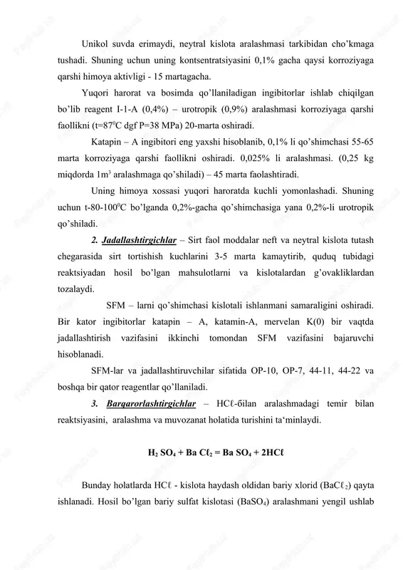 n kaltsitlarni tozalashda qo’llaniladi. agarda quduq tubi mustahkamlangan va teshilgan bo’lsa, kislotali vannani qo’llash tavsiya qilinmaydi. talab qilingan hajmda kislota miqdori quduq tubidan ishlanadigan ustun shipigacha bo’lsak hajmga teng bo’ladi. nkq (nasos kompressor kuvuri) boshmoqi orqali kislota haydalib quduq tubigacha tushiriladi. hcℓ -ning kuchaytirilgan (15-20%)li kontsentratsiyasi qo’llanilib, quduq tubida qayta aralashtirish sodir bo’lmaydi. aralashmani ushlab turish muddati kon sharoitidan kelib chiqib, quduq tubida odatda – 16-24 soat ushlab turiladi. 1. metr qalinlikdagi qatlamga haydaladigan hcℓ-ni tavsiya etilgan hajmiy miqdori. jinslar hcℓ – aralash hajmi, m3/m birlamchi ishlashda ikkilamchi ishlashda ingichka g’ovakli kam o’tkazuvchi 0,4-0,6 0,6-1,0 kuchli o’tkazuvchilar 0,5-1,0 1,0-1,5 yoriqli 0,6-0,8 1,0-1,5 b) oddiy kislotali ishlov – eng ko’p qo’llaniladigan usul bo’lib, hcℓ kislotasini qtz- ga haydash amalga oshiriladi. (1-jadval) ko’p martalik ishlov berishda har bir navbatdagi jarayonni amalga oshirishda haydaladigan eritmani ko’paytirish hisobiga eritmaning eritish imkoniyati oshiriladi. kislota kontsentratsiyasi hamda haydash tezligi oshiriladi. dastlabki eritma kontsentratsiyasi-12%-li bo’lsa, maksimal qiymati …