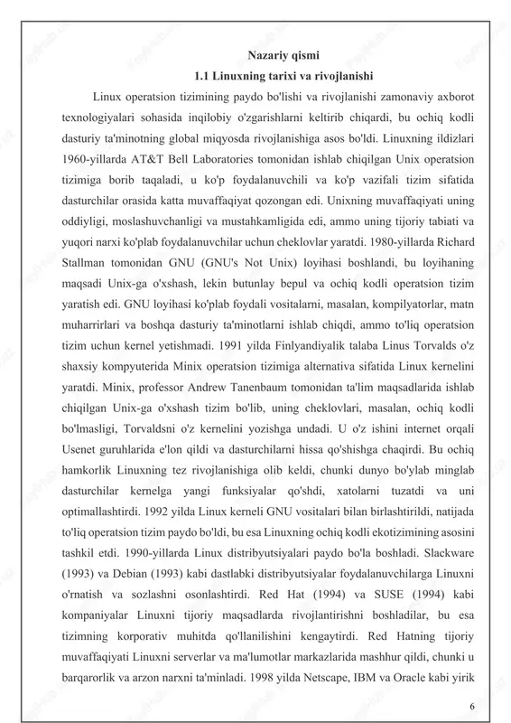 xitekturalarini, masalan, risc-v va armv9-ni qo'llab-quvvatladi, shuningdek rust dasturlash tilida modullar yozish imkonini berdi, bu kodning xavfsizligini oshirdi. linuxning rivojlanishi ochiq hamkorlik modeliga asoslangan bo'lib, har kuni o'nlab yangi o'zgarishlar kernelga qo'shiladi. tizim iot qurilmalarida, masalan, aqlli soatlar va avtomobil tizimlarida, shuningdek kosmik texnologiyalarda, masalan, spacex’ning starlink loyihasida ishlatilmoqda. linuxning tarixi ochiq kodli dasturiy ta'minotning muvaffaqiyat namunasi bo'lib, u kelajakda ham texnologik innovatsiyalarni boshqarishda davom etadi. 1.2 linux kernelining struktura va komponentlari linux kerneli operatsion tizimning asosiy yuragi sifatida xizmat qiladi va apparat resurslari bilan dasturiy ta'minot o'rtasida samarali muvofiqlashtiruvchi sifatida ishlaydi. u monolit yadro sifatida ishlab chiqilgan bo‘lib, barcha asosiy funksiyalar bitta manzil maydonida birlashadi, bu esa yuqori ishlash tezligi va samaradorlikni ta'minlaydi. monolit arxitektura tufayli kernel jarayonlar boshqaruvi, xotira menejmenti, fayl tizimlari, tarmoq subsistemalari va qurilma drayverlari kabi barcha muhim komponentlarni o‘z ichiga oladi, lekin modulli dizayni tufayli kerakli funksiyalarni dinamik ravishda yuklash yoki o‘chirish imkonini beradi. bu …