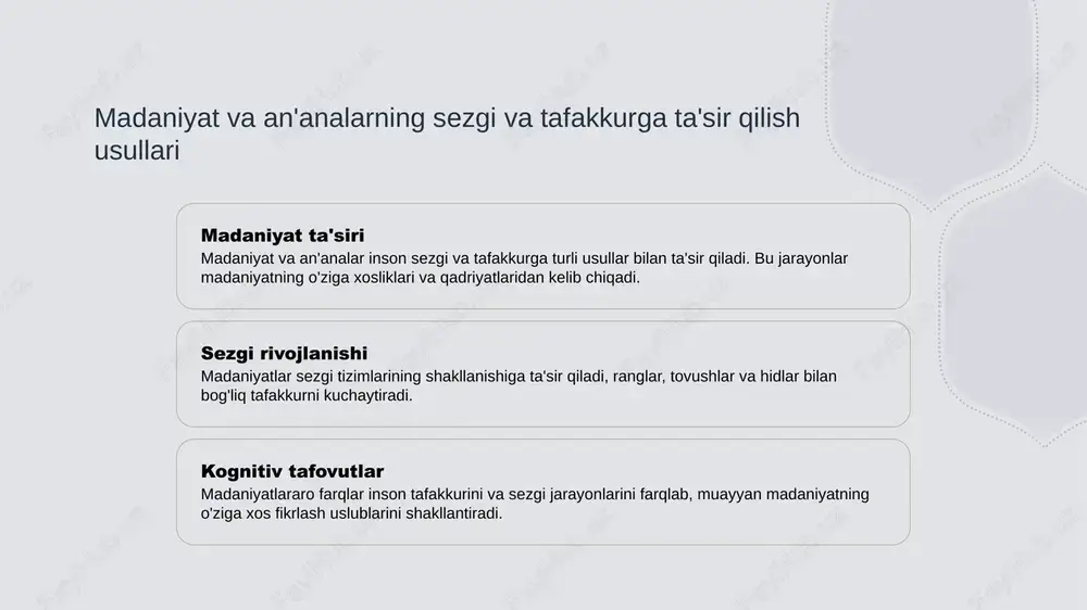 madaniyat, ta'lim va biologik omillar bilan chambarchas bog'liq bo'lib, shaxsning fikrlash uslublarini shakllantiradi. turli kognitiv jarayonlar va ularning amaliy muhimiyati 01 tafakkur jarayonlari inson tafakkuri turli kognitiv jarayonlardan iborat bo'lib, ular ma'lumotlarni to'plash, tahlil qilish va qaror qabul qilishda muhim rol o'ynaydi. 02 eslash va tahlil xotira, e'tibor va qaror qabul qilish kabi jarayonlar birgalikda ishlaydi, insonning murakkab muammolarni hal qilish uchun asosiy vositalaridir. 03 amaliy muhimligi kognitiv jarayonlar kundalik hayotda muhim bo'lib, ta'lim, ish va shaxsiy rivojlanishda muvaffaqiyat uchun asosiy elementlardir. 04 madaniyat va kognitsiya madaniyatlararo farqlar kognitiv jarayonlarning shakllanishiga ta'sir qiladi, bu esa turli hududlarda inson tafakkurining o'ziga xosligini tushunishga yordam beradi. madaniyatlararo farqlar va murakkab idrok tushunchasi 1 madaniyatlararo tafovutlar madaniyatlararo farqlar insonlarning idrok qilish usullari, qadriyatlari va tafakkur shakllariga katta ta'sir ko'rsatadi. bu farqlar individuallar va jamiyatlar orasidagi tushunishni kengaytiradi. 2 murakkab idrok tushunchasi murakkab idrok — insonlarning muhimligi va xilma-xilligi bilan bog‘liq bo‘lib, uni tushunish …