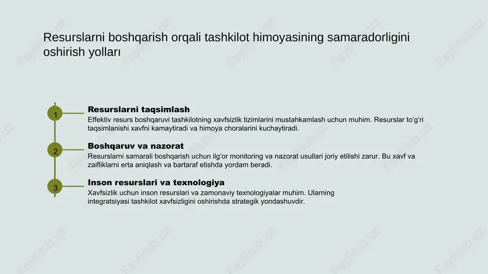 allashtirish uchun mavjud tizimlarni doimiy ravishda tahlil qilish va muammolarni aniqlash muhimdir. bu jarayon yordamida zaifliklar osonlik bilan aniqlanib, ularni bartaraf etish uchun chora-tadbirlar ishlab chiqiladi. natijada, tashkilotning xavfsizlik darajasi oshadi va potentsial tahdidlarga qarshi kurashish imkoniyati kengayadi. resurslarni samarali taqsimlash xavfsizlik uchun ajratilgan resurslarni optimal tarzda taqsimlash muhimdir. bu orqali inson va texnologik resurslar o’rtasidagi muvofiqlik ta’minlanadi, shuningdek, xarajatlarni kamaytirish va xavfsizlikni mustahkamlash imkoniyati yaratiladi. effektiv taqsimot tashkilotning umumiy xavfsizlik darajasini oshiradi va muammolarni tezda hal qilishga yordam beradi. texnologik innovatsiyalar zamonaviy texnologiyalar va innovatsion yondashuvlar xavfsizlik mexanizmlarini optimallashtirishda muhim rol o’ynaydi. raqamli texnologiyalar, sun’iy intellekt va blokcheyn kabi vositalar xavfsizlikni ta’minlashda yangi imkoniyatlar yaratadi. bu usullar yordamida xavfni aniqlash, monitoring qilish va oldini olish jarayonlari yanada samarali bo’ladi. resurslarni taqsimlash va ishlatishda samaradorlikni oshirish yondashuvlari resurslarni taqsimlashni optimallashtirish resurslarni samarali taqsimlash uchun ehtiyojlarni aniqlash va prioritetlarni belgilash muhim. bu, xarajatlarni kamaytiradi va xavfsizlikni oshiradi. texnologiyalardan foydalanish raqamli vositalar …