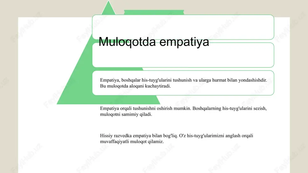 o'siqlarni aniqlash muhimdir. yengish usullari: 1) til o'rganish - suhbatdoshingizning tilini o'rganing. 2) tarjima vositalaridan foydalanish. 3) madaniy tafovutlarni tushunish. amaliy misollar: 1) oddiy so'zlar bilan ifoda eting. 2) qiyin tushunchalarni soddalashtiring. 3) suhbat orqali ishonchni oshiring. tavsiyalar: 1) savol bering va tushuntiring. 2) tanqidiy fikrlarni qabul qiling. 3) fikr almashishda ochiq bo'ling. til to'siqlarini yengish muvaffaqiyatli muloqotdir. bu jarayonda sabr-toqat va ehtiyotkorlik muhimdir. muloqotdagi to'siqlarni yengishning umumiy strategiyalari 1. aktiv tinglash: suhbatdoshni yaxshilab tinglash orqali uning nuqtai nazarini tushunish. 2. ochiklik va samimiyat: ochiq va samimiy muloqot orqali ishonchni yaratish. 3. madaniy farqlarga hurmat: har xil madaniyatlar va ularning muloqot uslublarini hurmat qilish. 4. moslashuvchanlik: har xil vaziyatlarga mos ravishda muloqot uslubini o'zgartirish. madaniy to'siqlarni yengish uchun: - mahalliy tillarni o'rganish orqali muloqotni samarali qilish. - madaniyatlararo o'yinlar va treninglar orqali madaniy tushunishga erishish. - ish joyida madaniy xilma-xillikni qo'llab-quvvatlash va hurmat qilish. muloqot shaxslararo munosabatlarda muhim rol o'ynaydi …