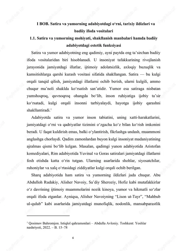 kulgi insonni ruhiy bosimdan xalos etadi, uni yangilaydi, ijtimoiy hayotdagi adolatsizliklarga qarshi kurashish ruhini uyg‘otadi. satirik asar o‘quvchida hissiy reaktsiya — kulgi orqali norozilik yoki achinish uyg‘otadi. shu tariqa u badiiy tarbiya vositasiga aylanadi. o‘zbek adabiyotida xx asr boshlarida satira yangi bosqichga ko‘tarildi. ayniqsa, “mulla nasriddin” jurnali va uning ta’sirida yaratilgan “mushtum” jurnali atrofida to‘plangan adiblar satira orqali o‘sha davrning ijtimoiy muammolarini ochib berdilar. abdulla qodiriy, g‘afur g‘ulom, abdulla qahhor, hamid olimjon kabi yozuvchilar xalq hayotidagi kamchiliklarni, keksalik, johillik, manmanlik, qo‘rqoqlik kabi illatlarni yumor orqali tasvirlab, jamiyatni o‘zgarishga da’vat etdilar. abdulla qahhorning “sinchalak”, “og‘ri”, “qo‘shchinor chiroqlari” kabi hikoyalarida satira va yumor vositalari mahorat bilan qo‘llangan. u kulgi vositasida qahramonlarining ichki dunyosini ochadi, ularning kamchiliklarini fosh etadi, ammo shafqatsiz emas — balki insonparvarlik ruhida. g‘afur g‘ulom esa “shum bola” romanida yumorni xalqona, samimiy ruhda ishlatgan. asar qahramoni qoravoyning soddaligi va topqirligi orqali muallif o‘quvchini kuldiradi, ammo bu kulgi orqasida chuqur insoniy …