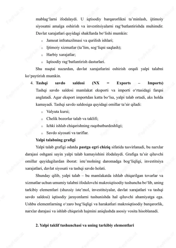 darajasi bilan belgilanadi. 2.2. yalpi taklifni belgilovchi asosiy omillar yalpi taklif hajmi va grafigini quyidagi asosiy omillar belgilaydi: 1. ishlab chiqarish resurslari miqdori va sifati · mehnat resurslari: ishchi kuchining soni, malakasi va samaradorligi as ga bevosita ta’sir qiladi. malakali va yetarli ishchi kuchi ishlab chiqarish hajmini oshiradi. · kapital resurslari: mashina, uskuna, infratuzilma va boshqa ishlab chiqarish vositalari. kapital resurslarining ko‘payishi va modernizatsiyasi ishlab chiqarish hajmini kengaytiradi. · tabiiy resurslar: energiya, mineral boyliklar, suv, yer maydonlari. ularning mavjudligi va sifatiga qarab yalpi taklif o‘zgaradi. 2. texnologik daraja va innovatsiyalar · yangi texnologiyalarni joriy qilish ishlab chiqarish samaradorligini oshiradi va as ni yuqoriga siljitadi. · innovatsiyalar mahsulot sifatini yaxshilaydi, ishlab chiqarish xarajatlarini kamaytiradi va ishlab chiqarish hajmini oshiradi. 3. narxlar darajasi va ishlab chiqarish xarajatlari · ishlab chiqarish xarajatlari (mehnat haqi, xom ashyo narxi) oshsa, qisqa muddatli as chapga siljiydi, ya’ni ishlab chiqaruvchilar kamroq tovar taklif qiladi. · narxlar darajasining …